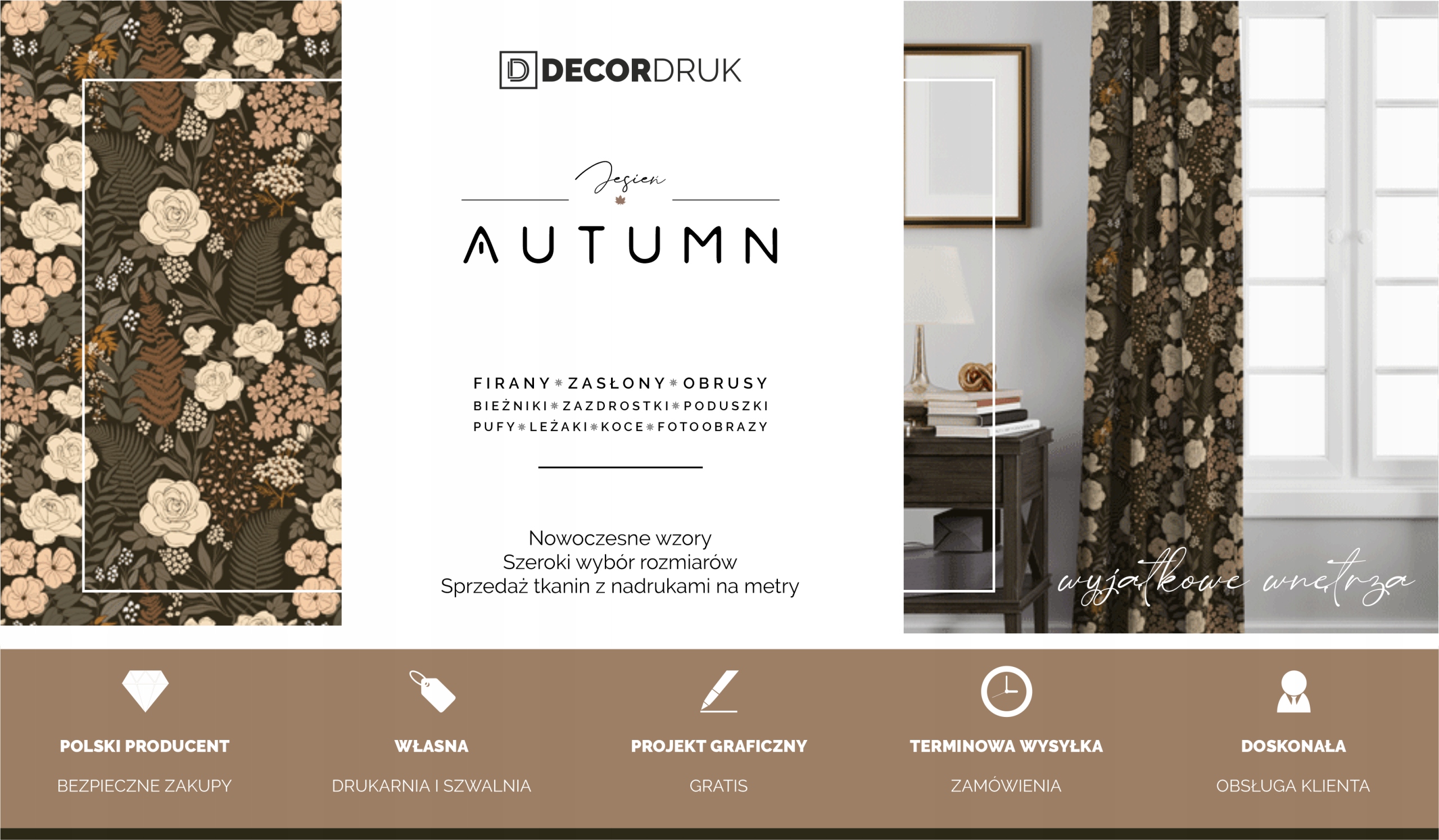 Zasłona AUTUMN wzór AT11 | sowy na brązowym tle Sposób zawieszania taśma