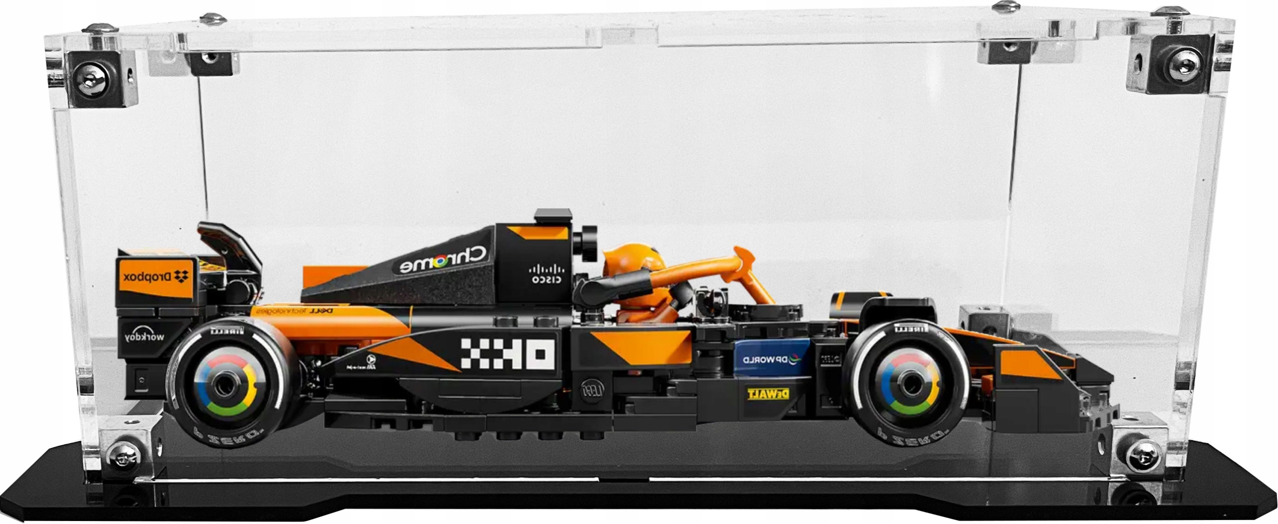 Vitrína s černou základnou pro stavebnici Lego 77251 Formule F1 McLaren Team MCL38