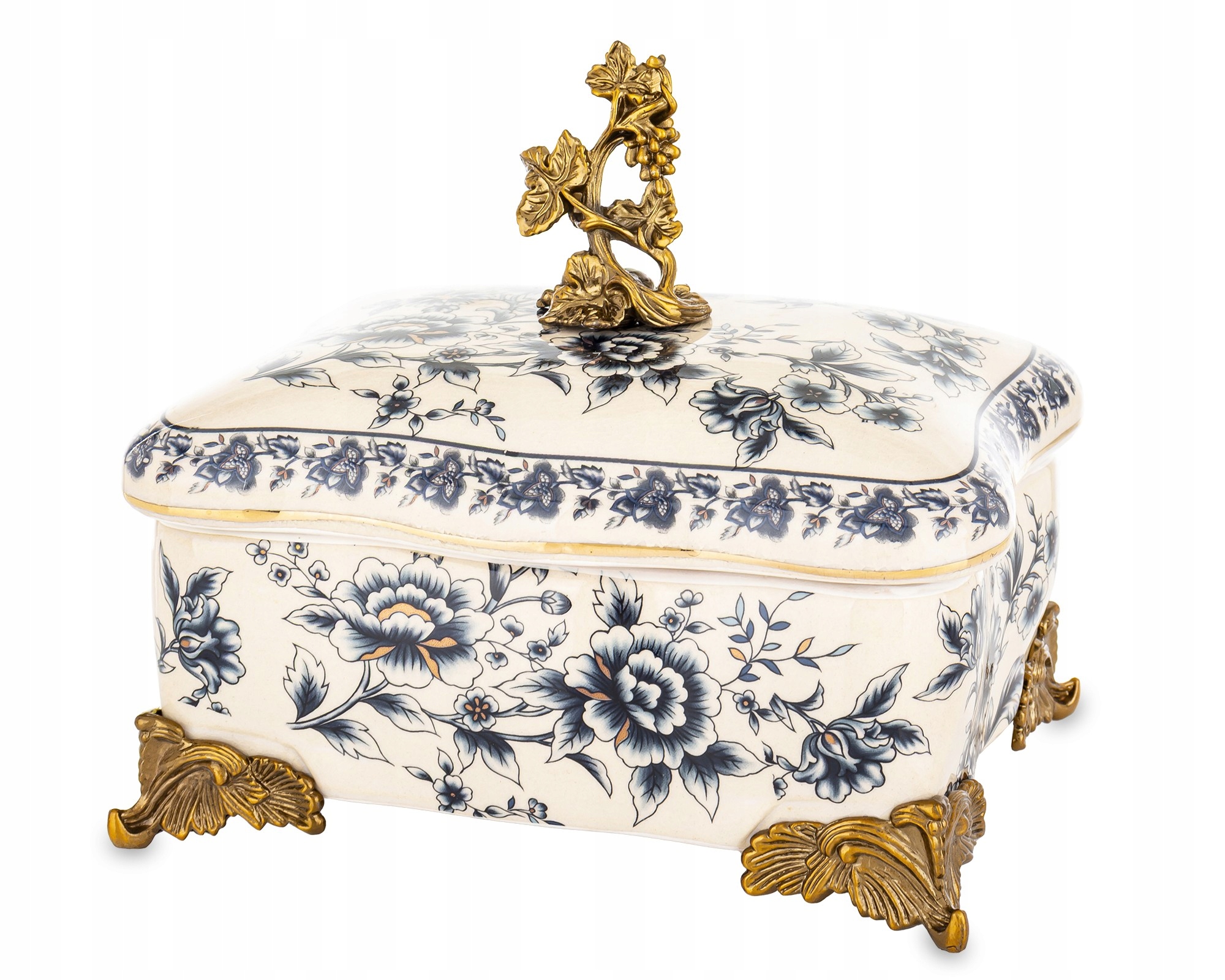 Palácová krabička Retro keramika starnúca biela modrá zlatá patera