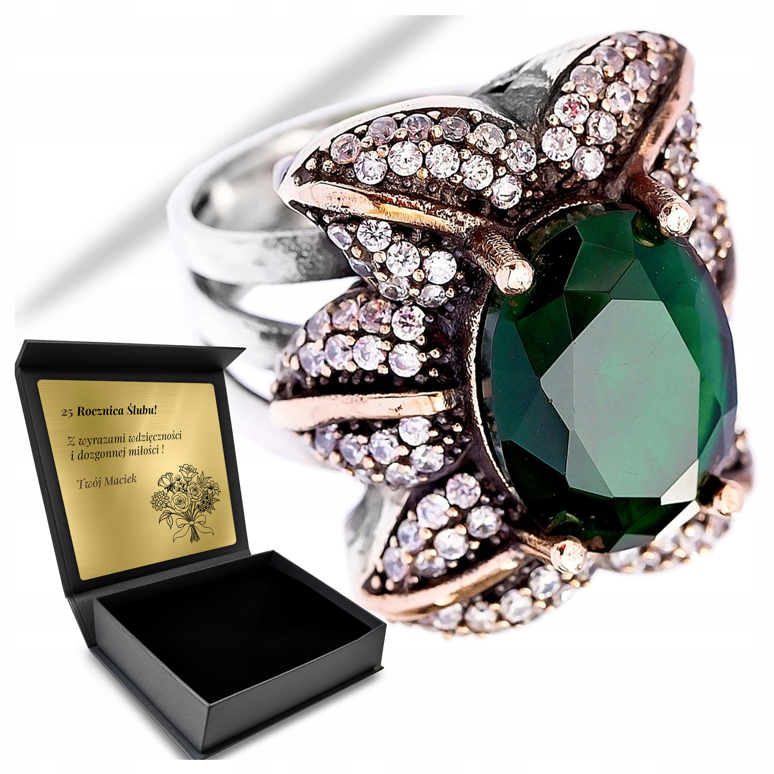 Prstýnek 925 Zirkony Smaragd Dárek na Valentýna Gravírování