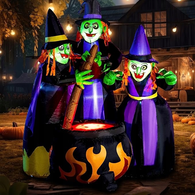Nafukovacia Halloweenská dekorácia 183 cm Tri čarodejnice Led Kotol