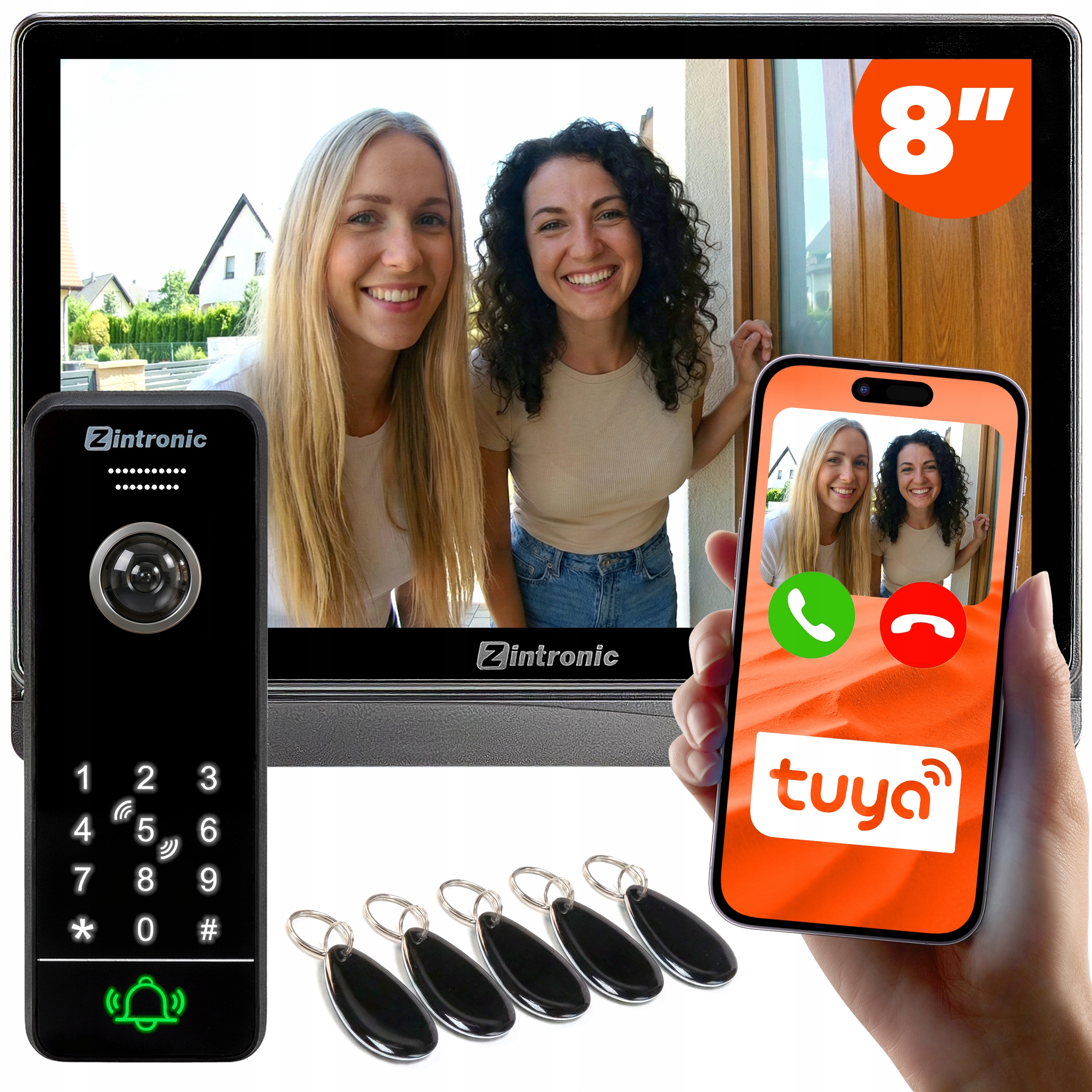 Wideodomofon WiFi 8” Full Hd Czarny Aplikacja Tuya |kod Brelok