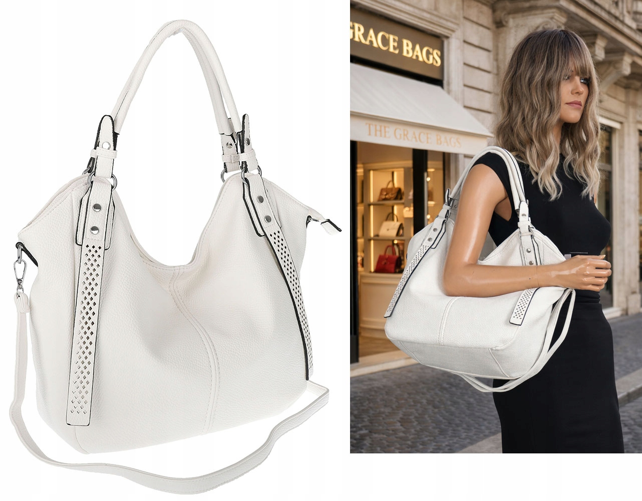 Dámská shopper kabelka s prostornou taštičkou na rameno LH6004 Bílá