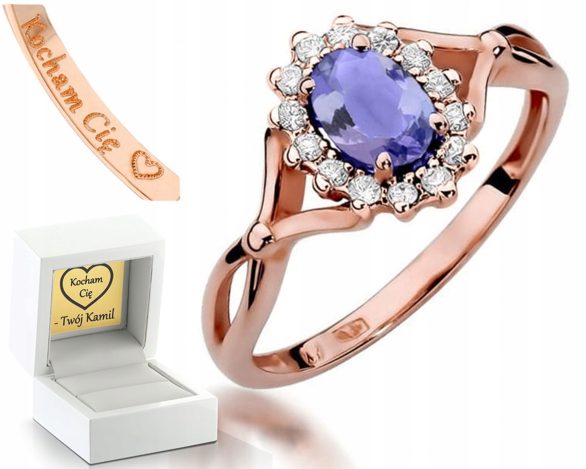 Zásnubní Prstýnek Tanzanit A Brilianty Růžové Zlato Gravírování 585 Dárek