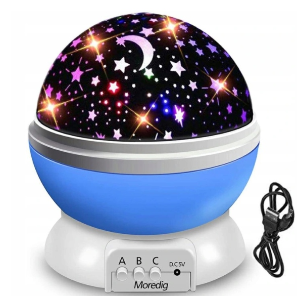 LAMPKA NOCNA LED 2w1 PROJEKTOR GWIAZD OBROTOWA 360 Długość/wysokość 14.7 cm