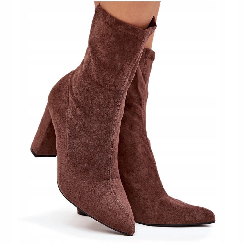 Dámské Kotníkové Boty Eko Semišové Podpatek Sloupek Zip Špičaté Špičky Hnědé 40
