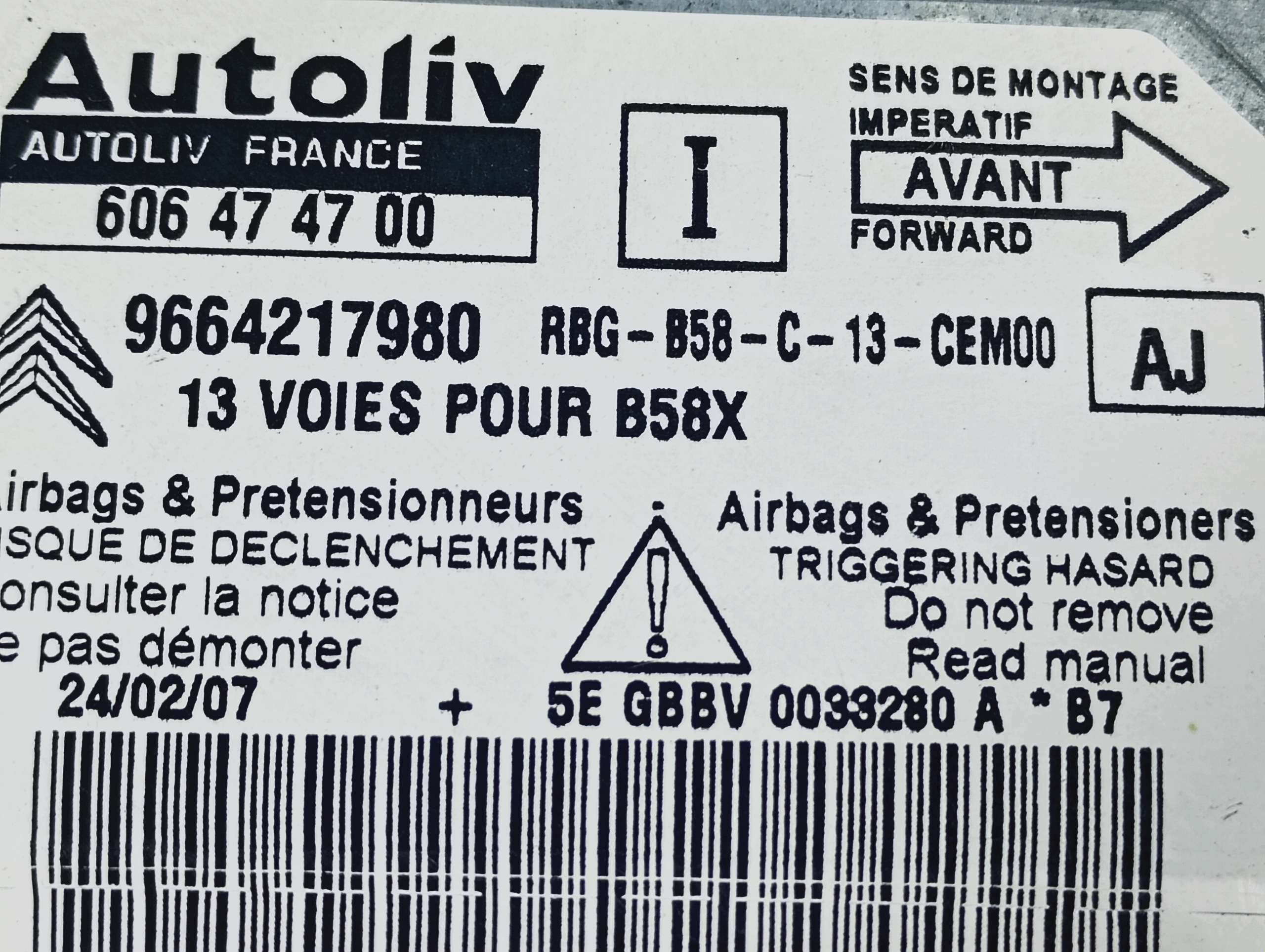 modulo SENSOR dell’airbag airbag Citroen C4 PICASSO 1 e 06-13 9664217980