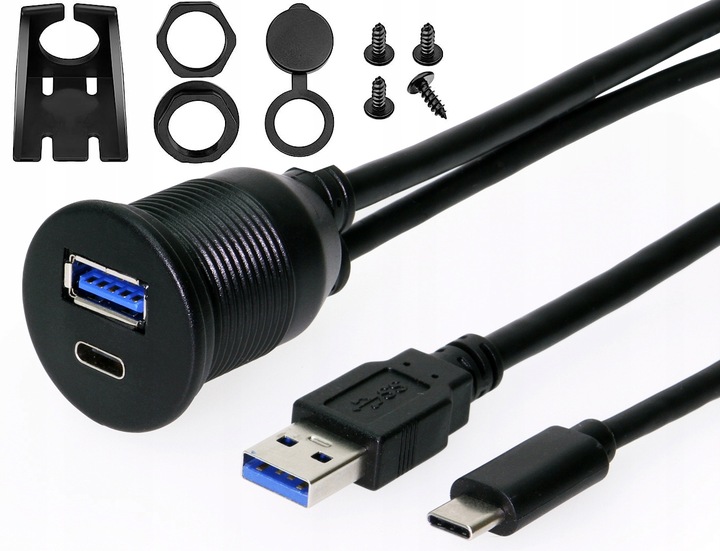 Przedłużacz 2 m gwint USB A 3.0 USB C 3.1 QC 3.0 podwójny panel gniazdo