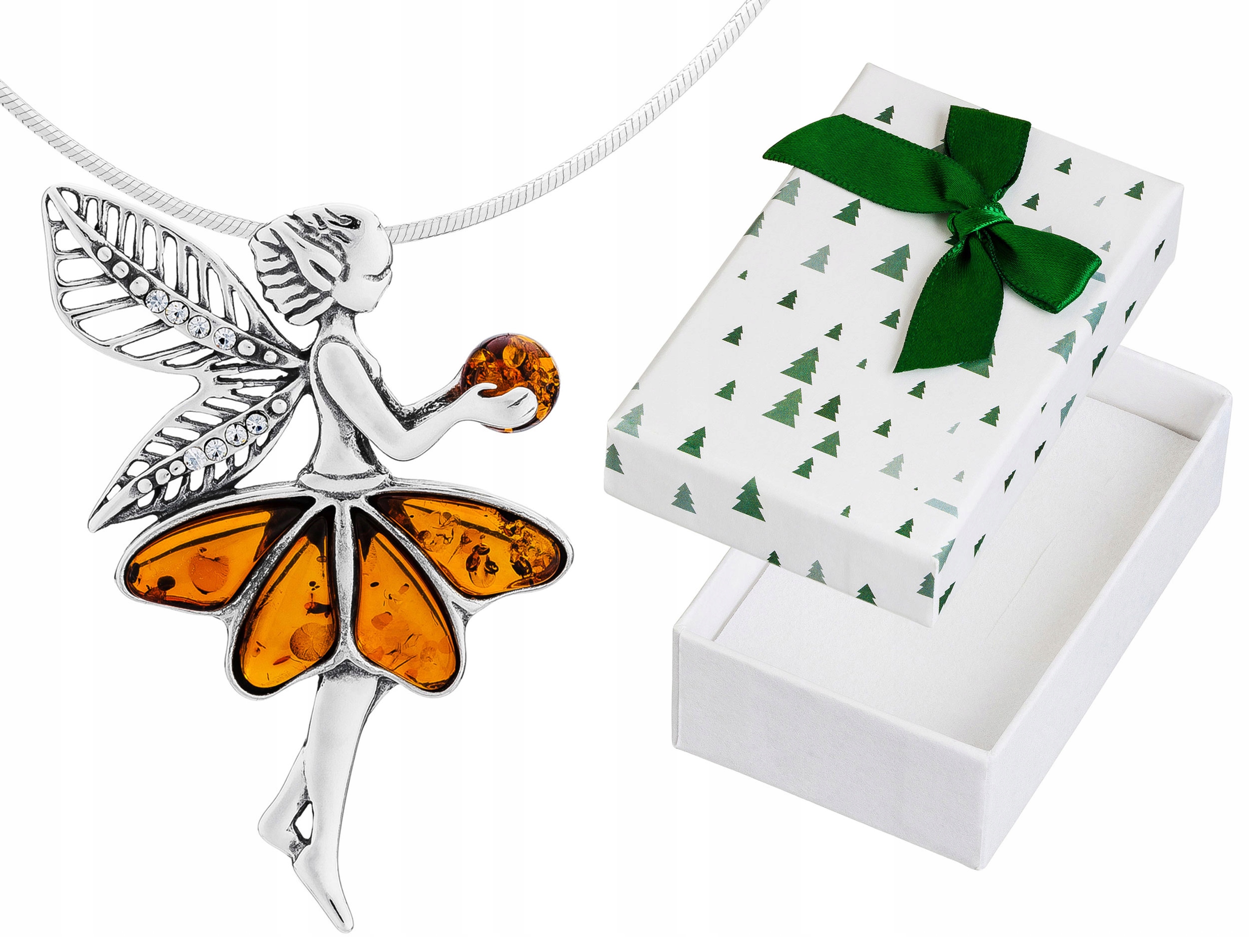 Dlouhý Stříbrný Velký Náhrdelník Elf s Jantarem a Zirkony Víla Stříbro 90