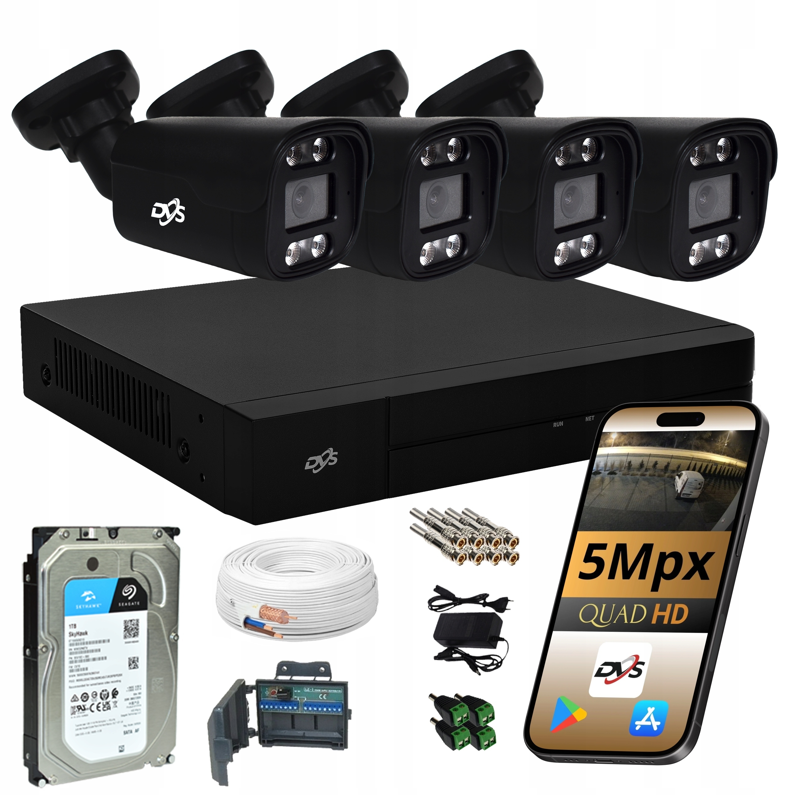 Sada 4 Monitorovacích Kamer Černé Venkovní Kamery Tuba 5Mpx Dvs Disk 1TB