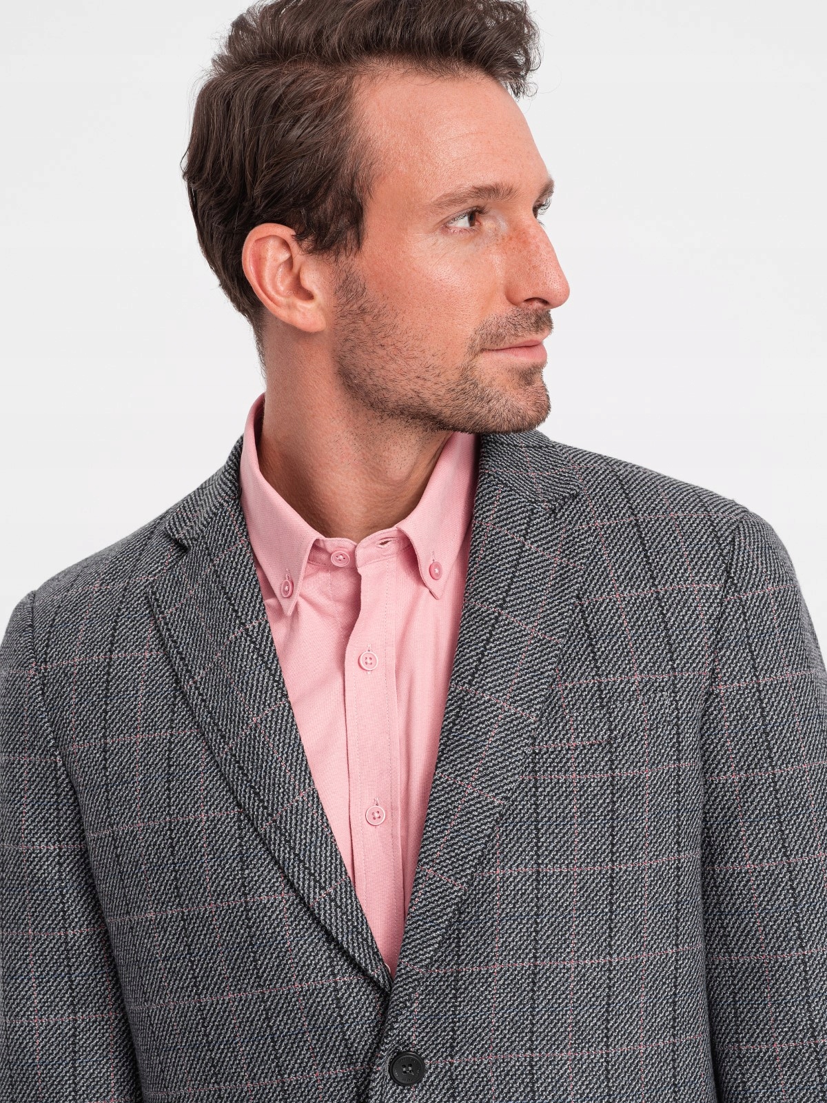 Żakardowa marynarka męska w delikatną kratę grafitowa V1 OM-BLZB-0119 M Model OM-BLZB-0119