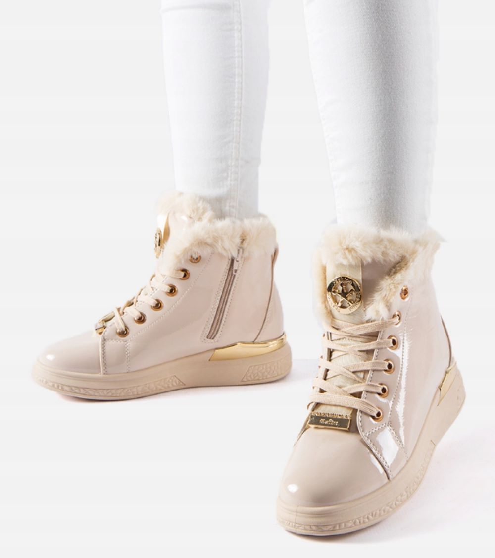 Dámské ploché Kotníkové Boty Tenisky zateplené s kožešinou, lakované, béžové, velikost 38
