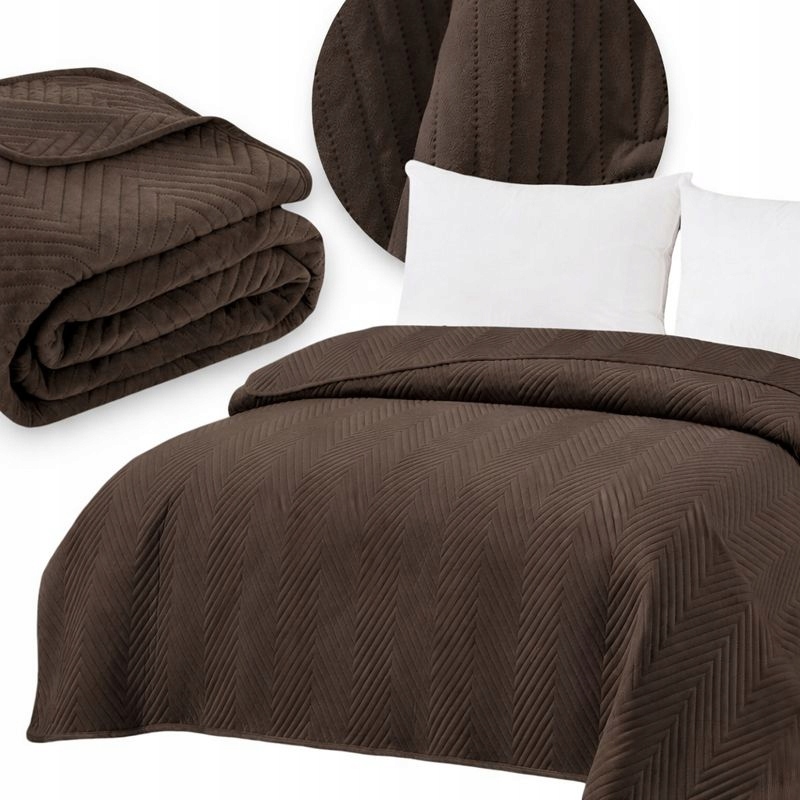 Narzuta Brązowa na łóżko kanapę Boho 200x220 pikowana jodełka Welur Brąz