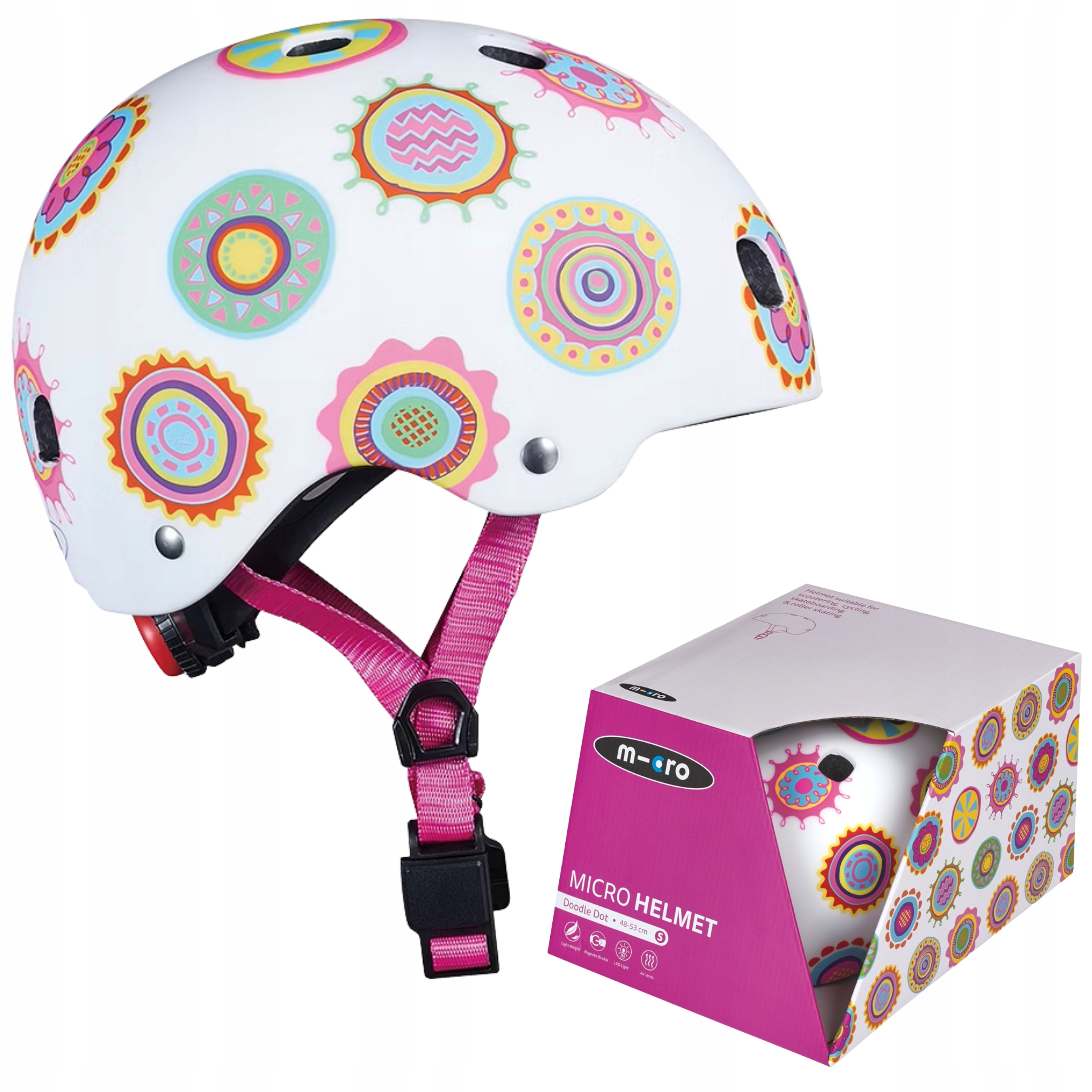 Kask dla Dzieci Dziecięcy S Micro Biały we Wzorki na Rower Hulajnogę Rolki