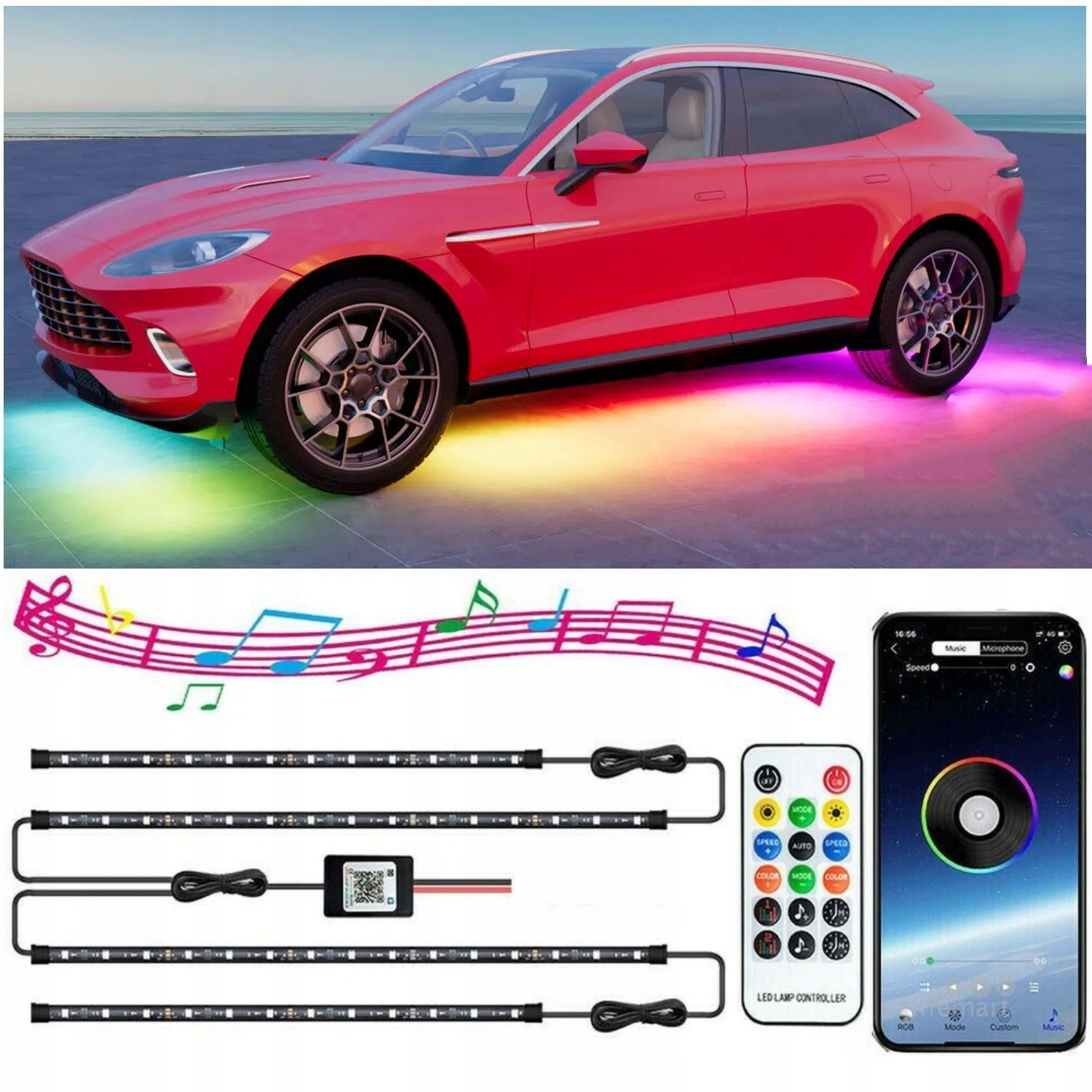 PODŚWIETLENIE PODWOZIA LED RGB LAMPKI TAŚMY POD SAMOCHÓD AUTO Z PILOT APPKA