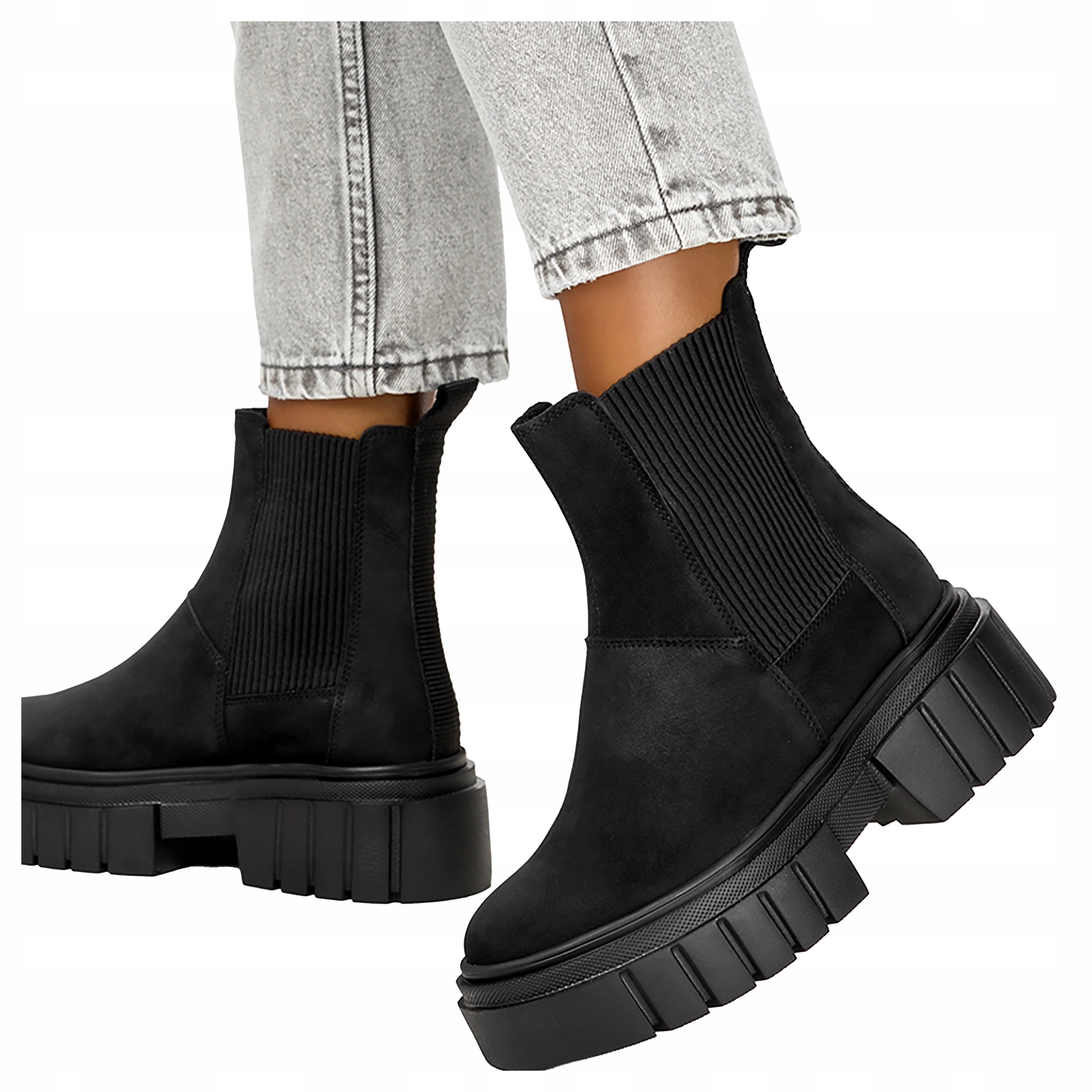 Kotníkové Boty Zimní zateplené kožené na platformě Černé Polský Výrobek vel. 40