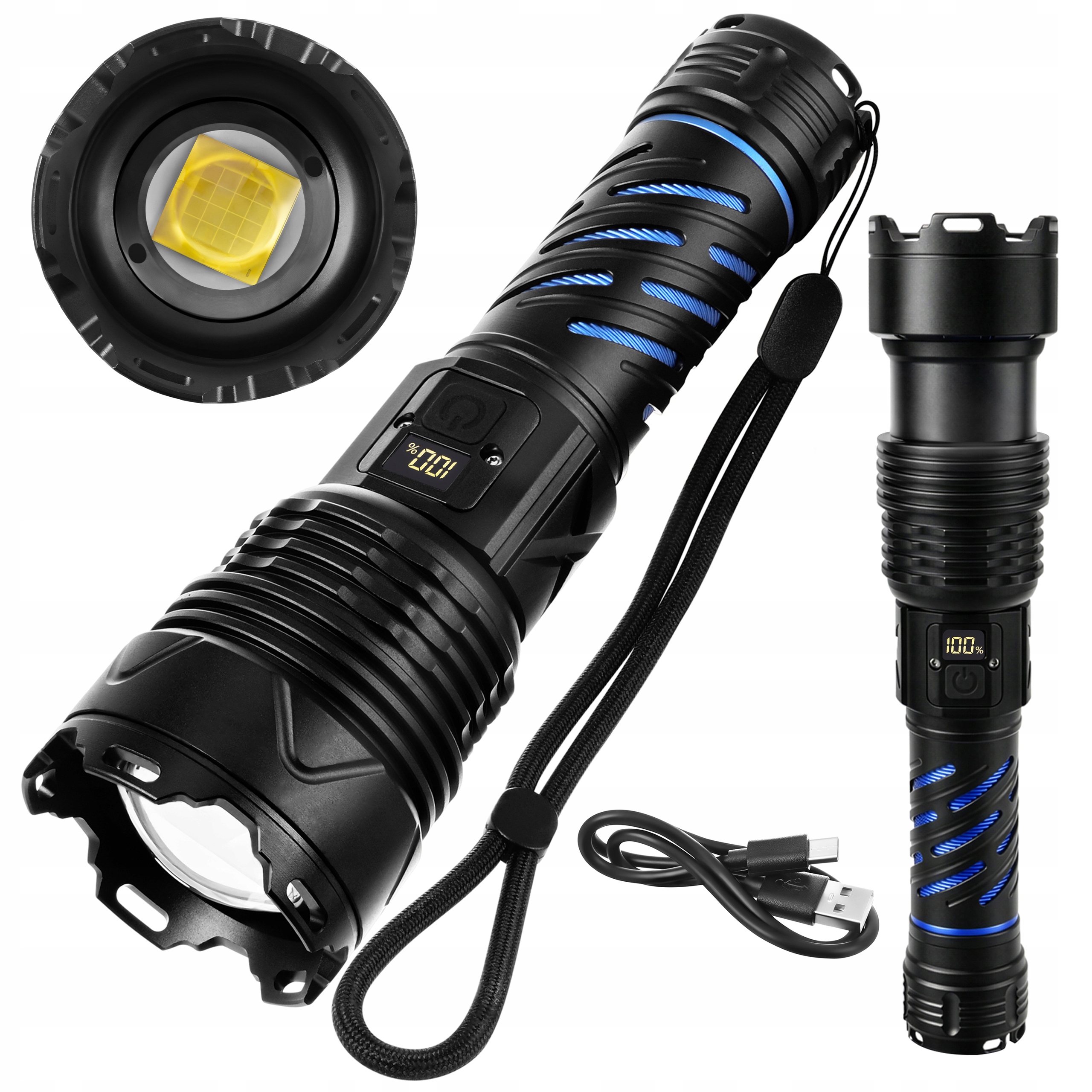 Taktická Led Cob svítilna Silná Akumulátorová Zoom Vojenská Reflektor na Usb
