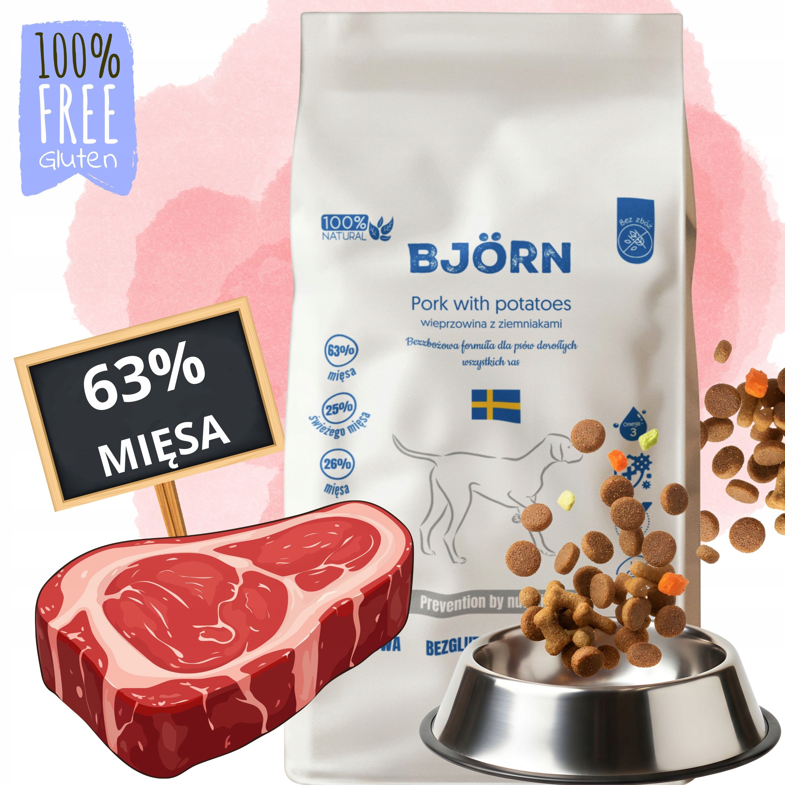 Levně Krmivo Pro Psy Bez Obilovin Hypoalergenní S Vepřovým Masem Bjorn 63% Masa