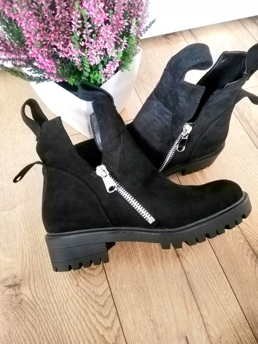 BOTKI DAMSKIE ZAMSZ OCIEPLONE CUT OUT CZARNE R37 Marka bez marki