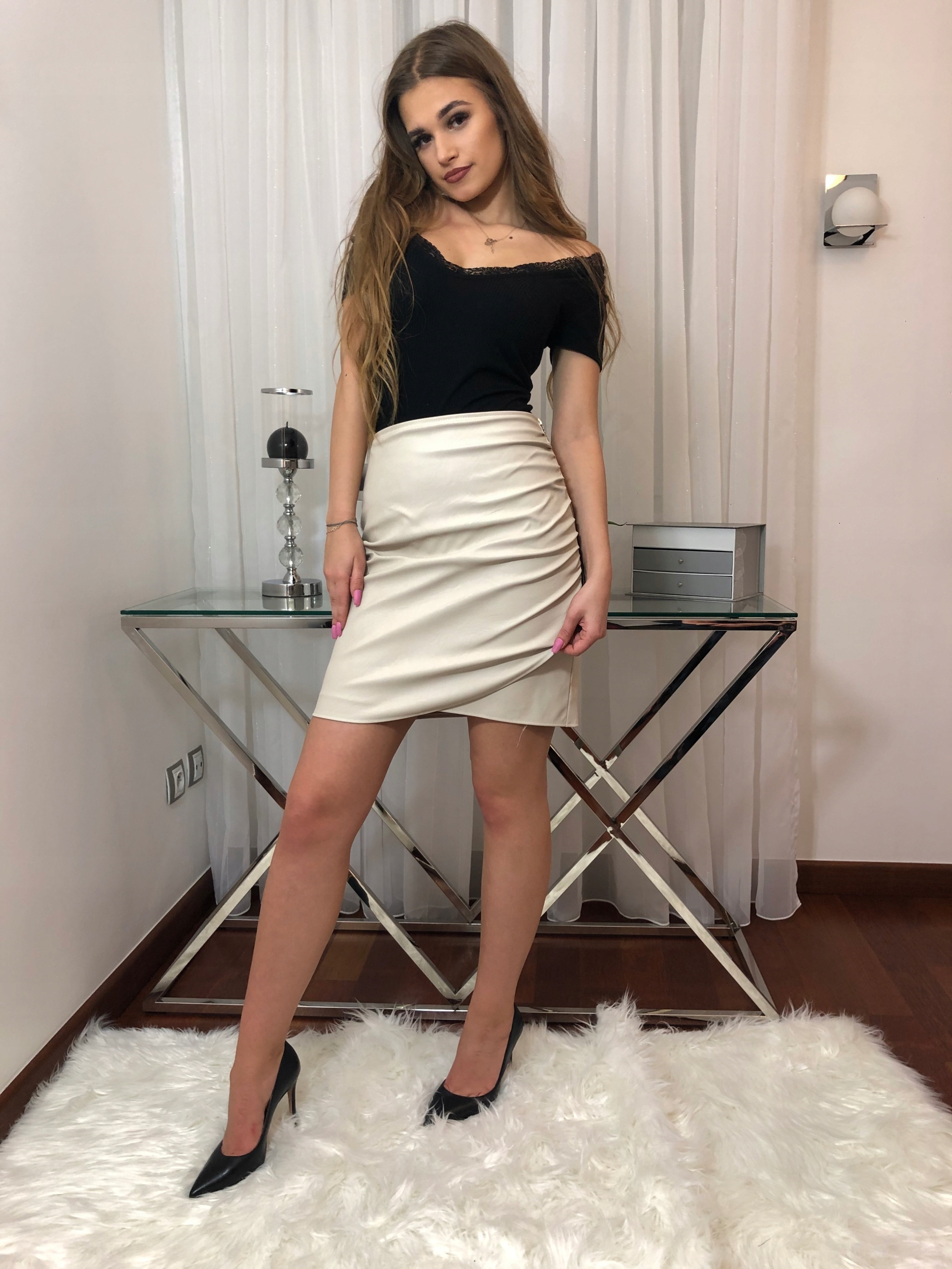 D7 SPÓDNICA MARSZCZONA ZAMEK BEŻ EKOSKÓRA R.44 Rozmiar 44