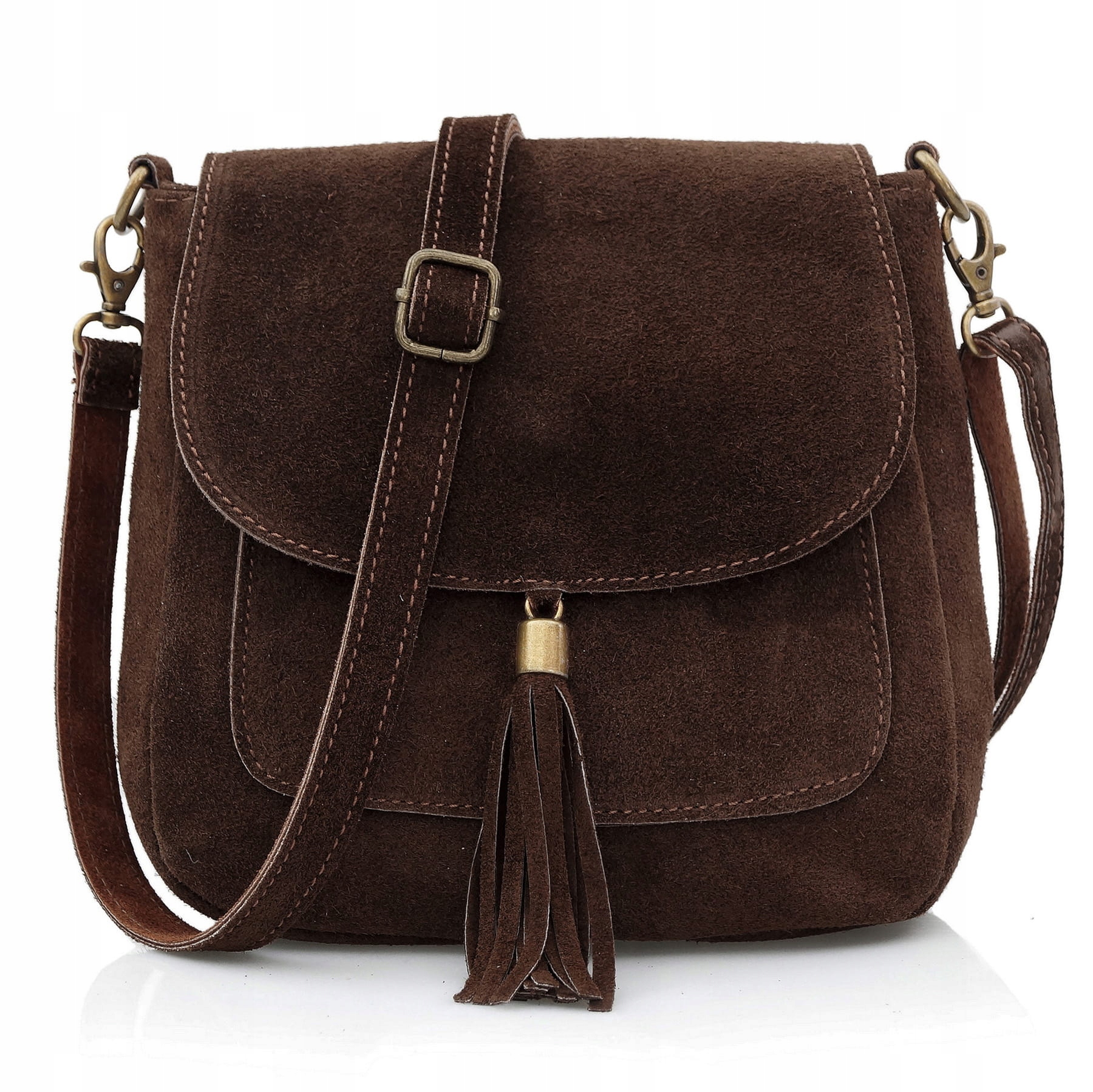 Vera Pelle torebka damska zamszowa listonoszka z klapą na ramię C.brązowa