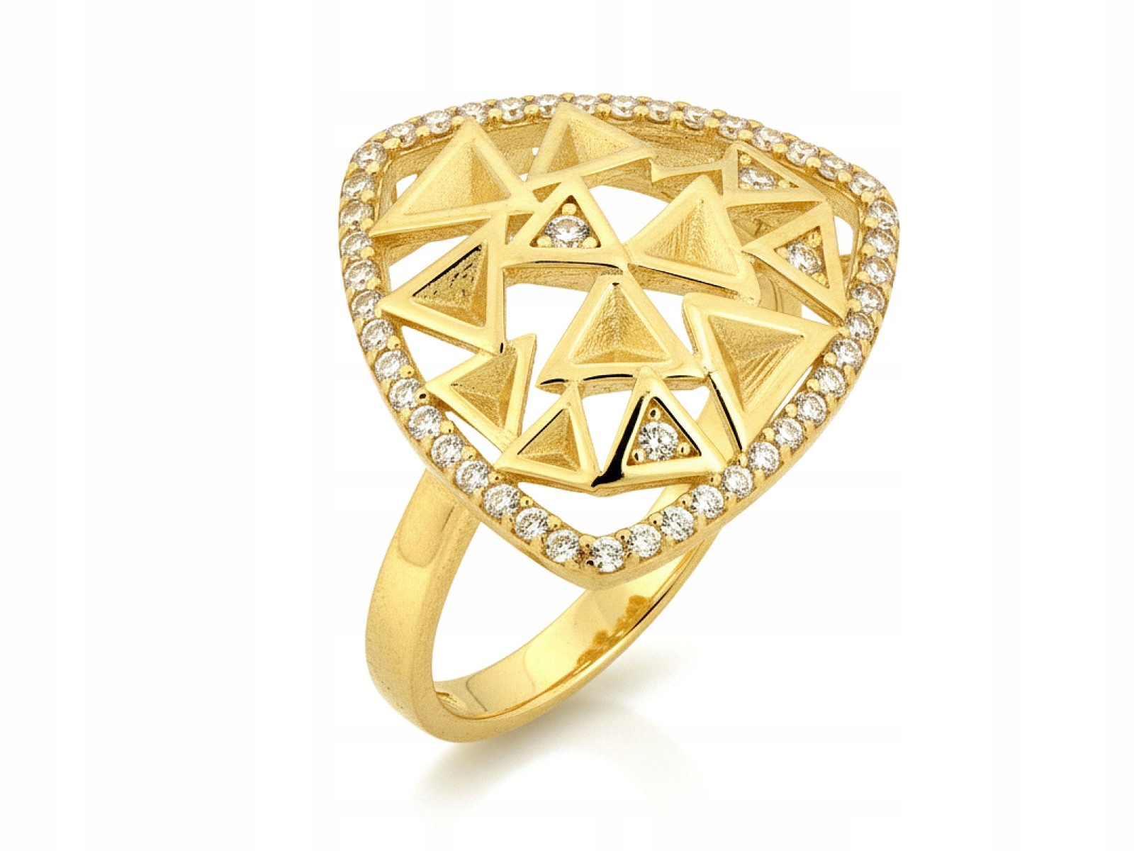 Zlatý prstýnek 585 Trojúhelník s bílými zirkony 21r Ažurový 2.82g