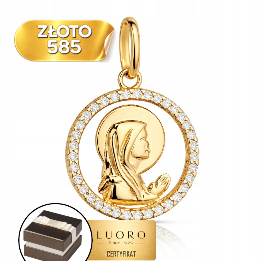 Zlatý Medailon 585 14K Matka Boží Zirkony Kolečko 21 MM Elegantní