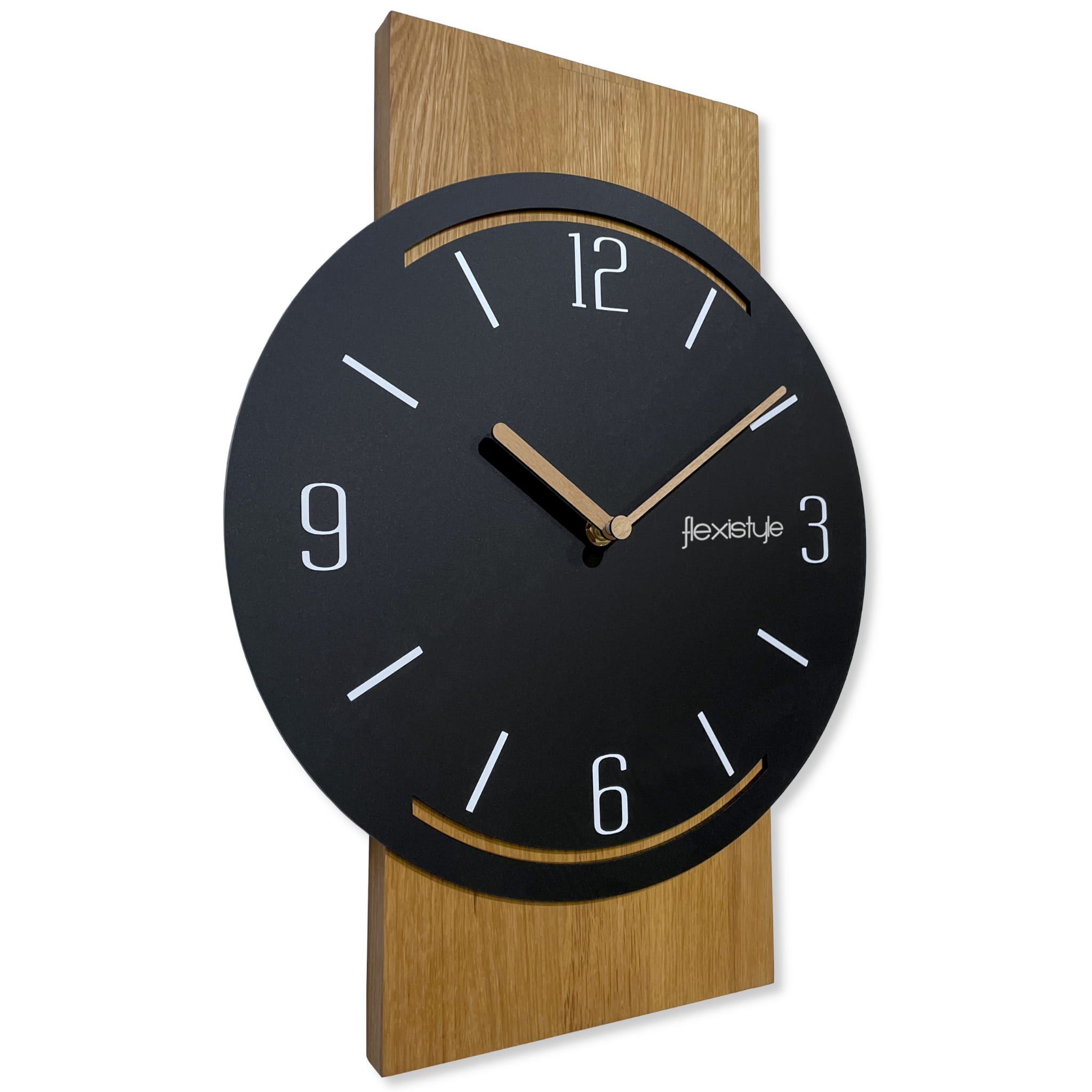 Dřevěné dubové nástěnné hodiny Geometric 40 cm černé, tiché do obývacího pokoje