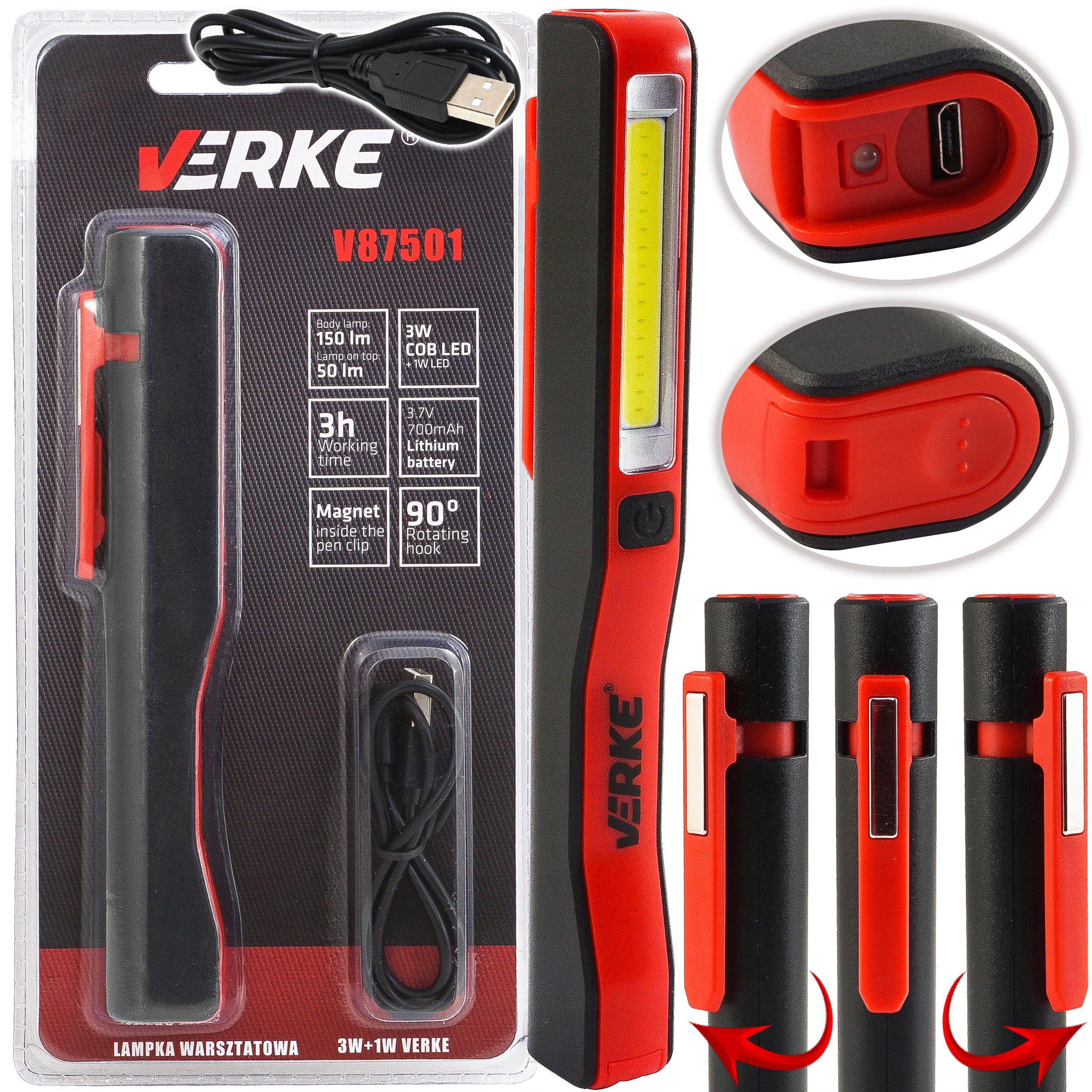 LATARKA DŁUGOPISOWA VERKE USB LED COB 3w+1w akumul