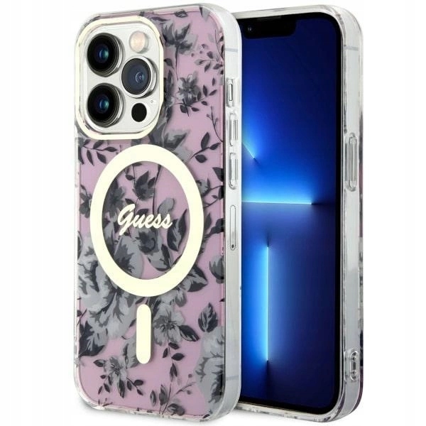 Pouzdro Guess Flower MagSafe pro iPhone 14 Pro Max růžové