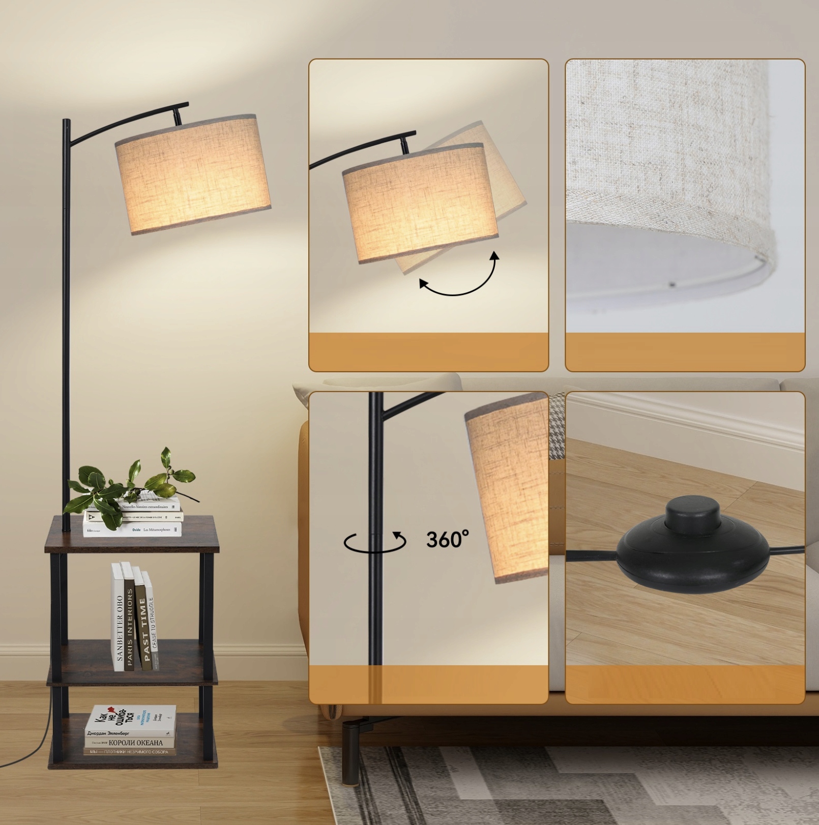 LAMPA PODŁOGOWA STOJĄCA ZE STOLIKIEM IKAWOWYM PÓŁKAMI NOWOCZESNA 2W1 Długość/wysokość 150 cm