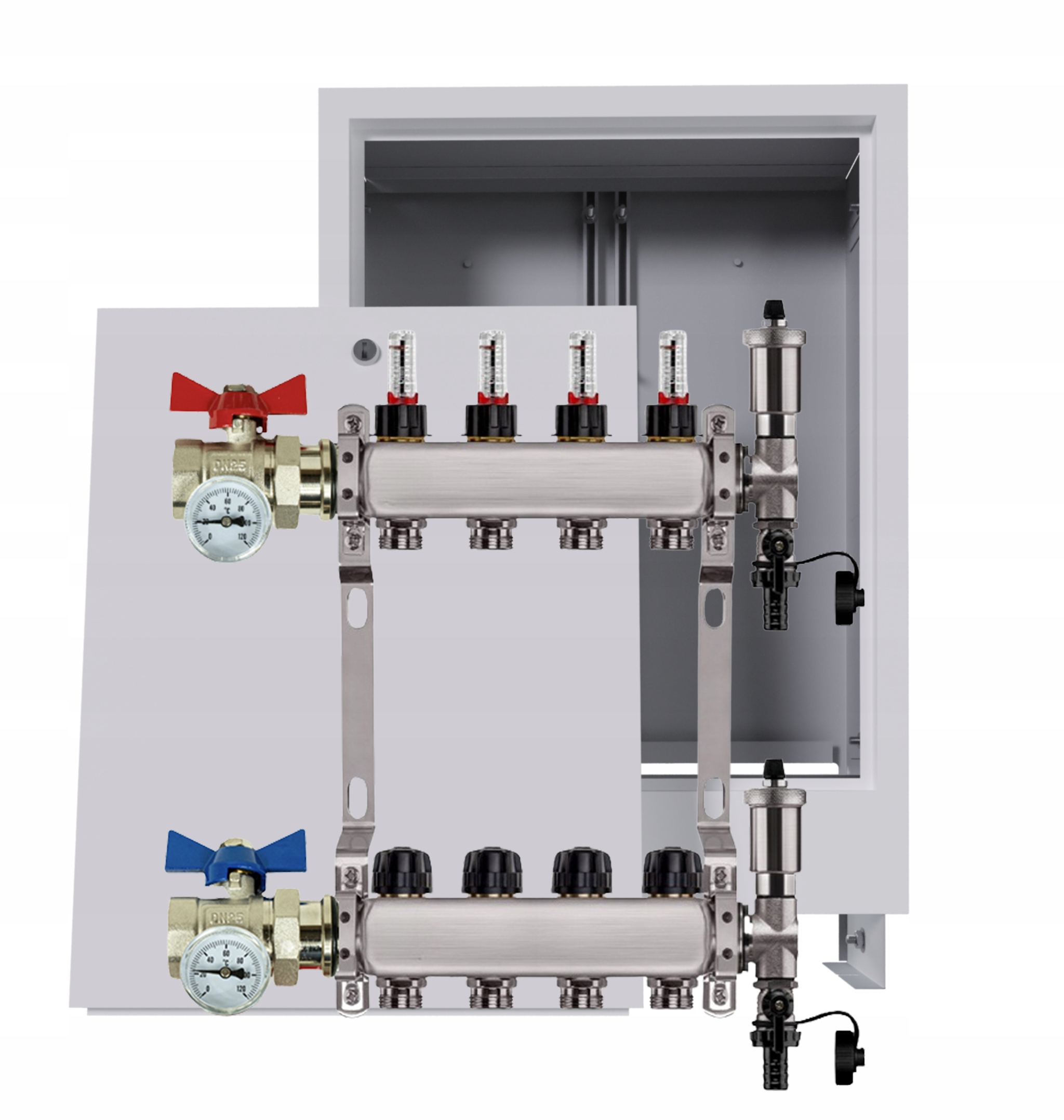 Nerezový rozdělovač podlahy 4 okruhy podomítková skříňka ventily