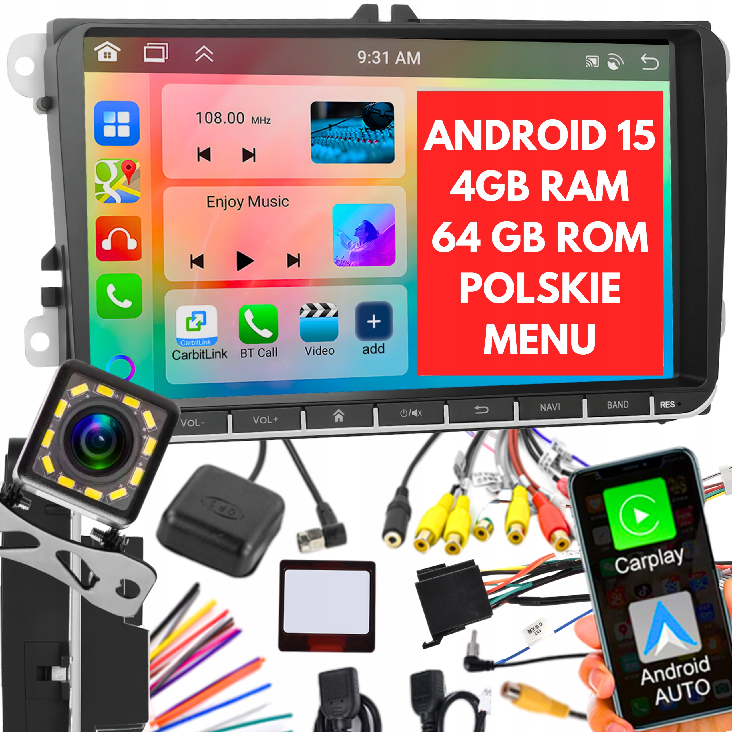 Radio 9'' 4GB/64GB Android 15 Golf V VI Passat B6 B7 Seat Skoda Volkswagen