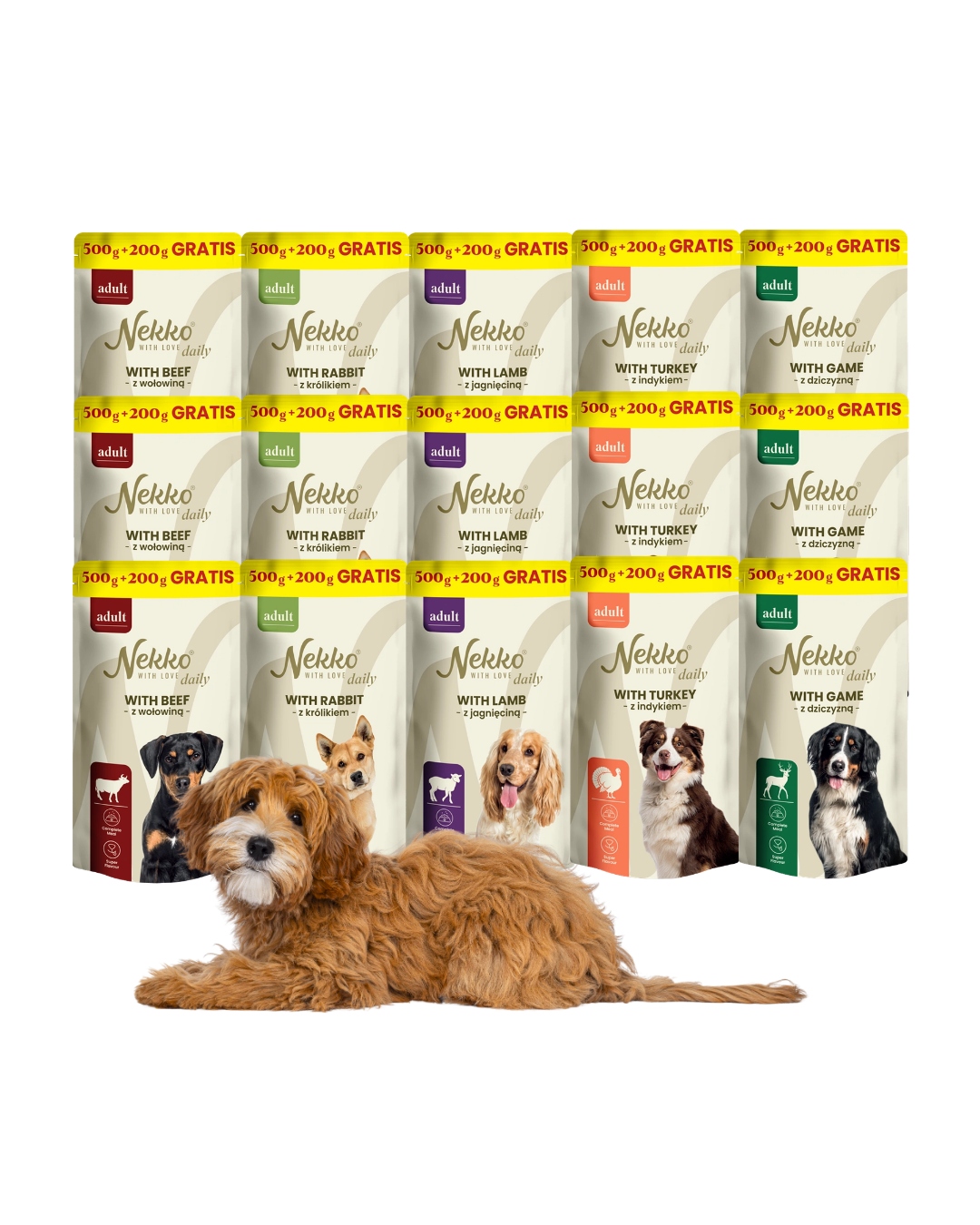 Vlhké krmivo pro psy Nekko Daily Adult MIX Chutí 15x500g Dárek