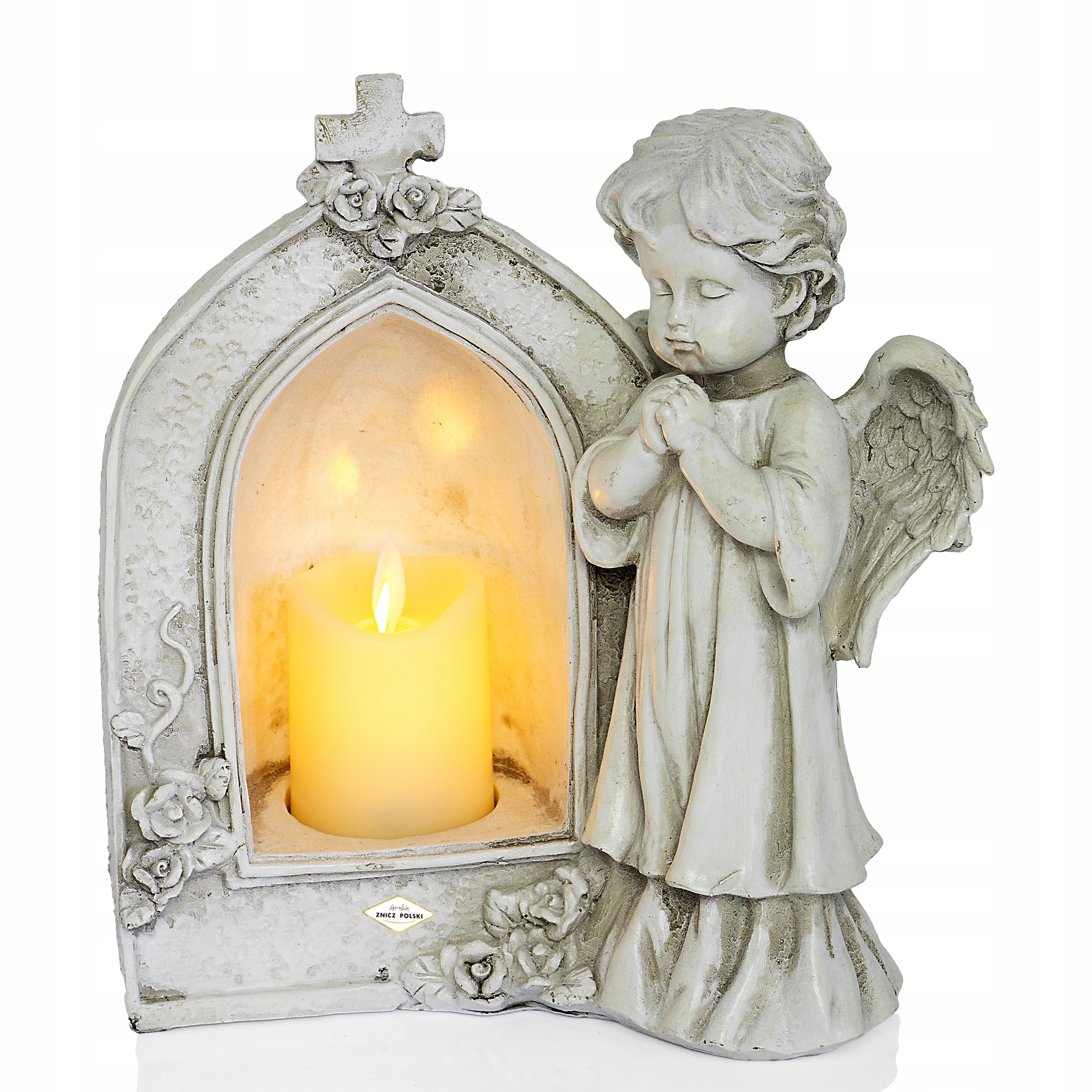 Figurka nagrobna aniołka z kapliczka i świecą LED