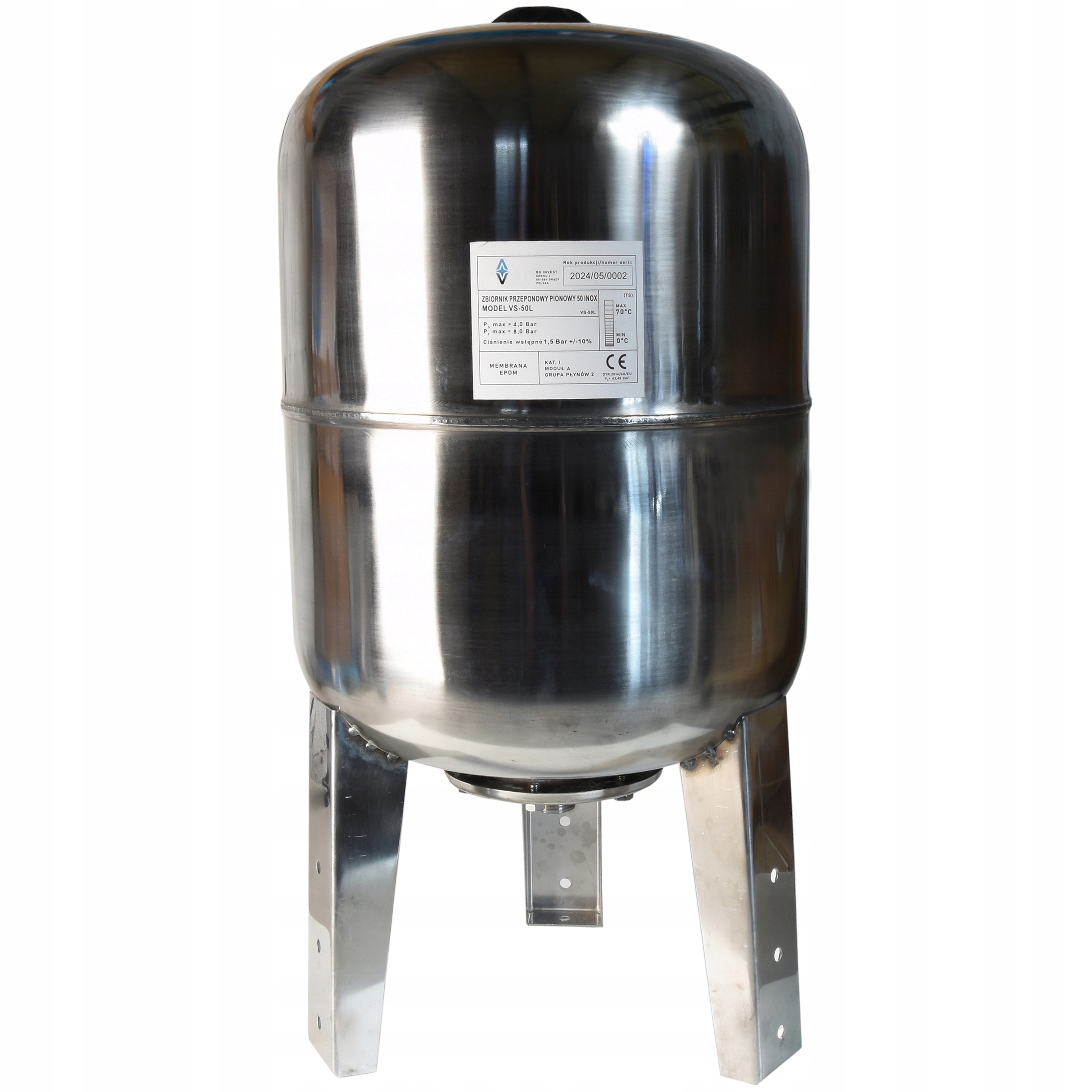 Zbiornik Hydroforowy Inox 50L Pionowy Przeponowy Hydrofor Baniak Nierdzewny