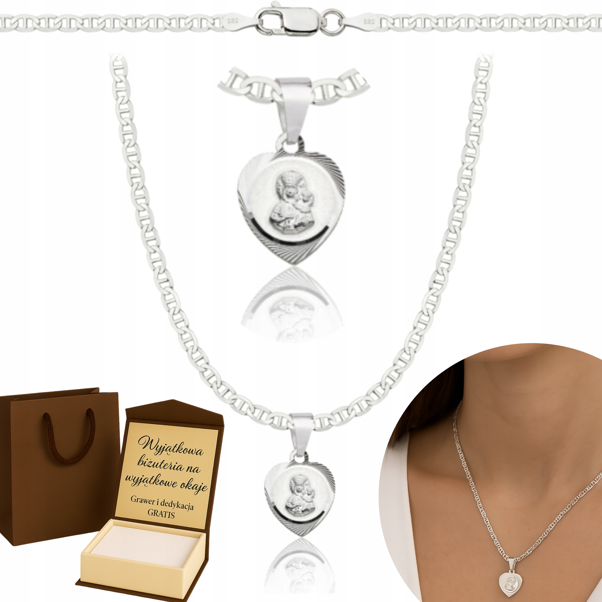 Dámský stříbrný Řetízek s medailonem Matka Boží Boží Ryzost 925 Dárek Gravírování Gucci