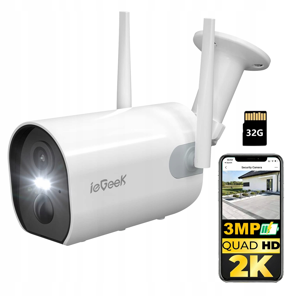 3Mpx kamera na baterie Bezdrátová Wifi 2K s barevným nočním viděním a 32 Gb