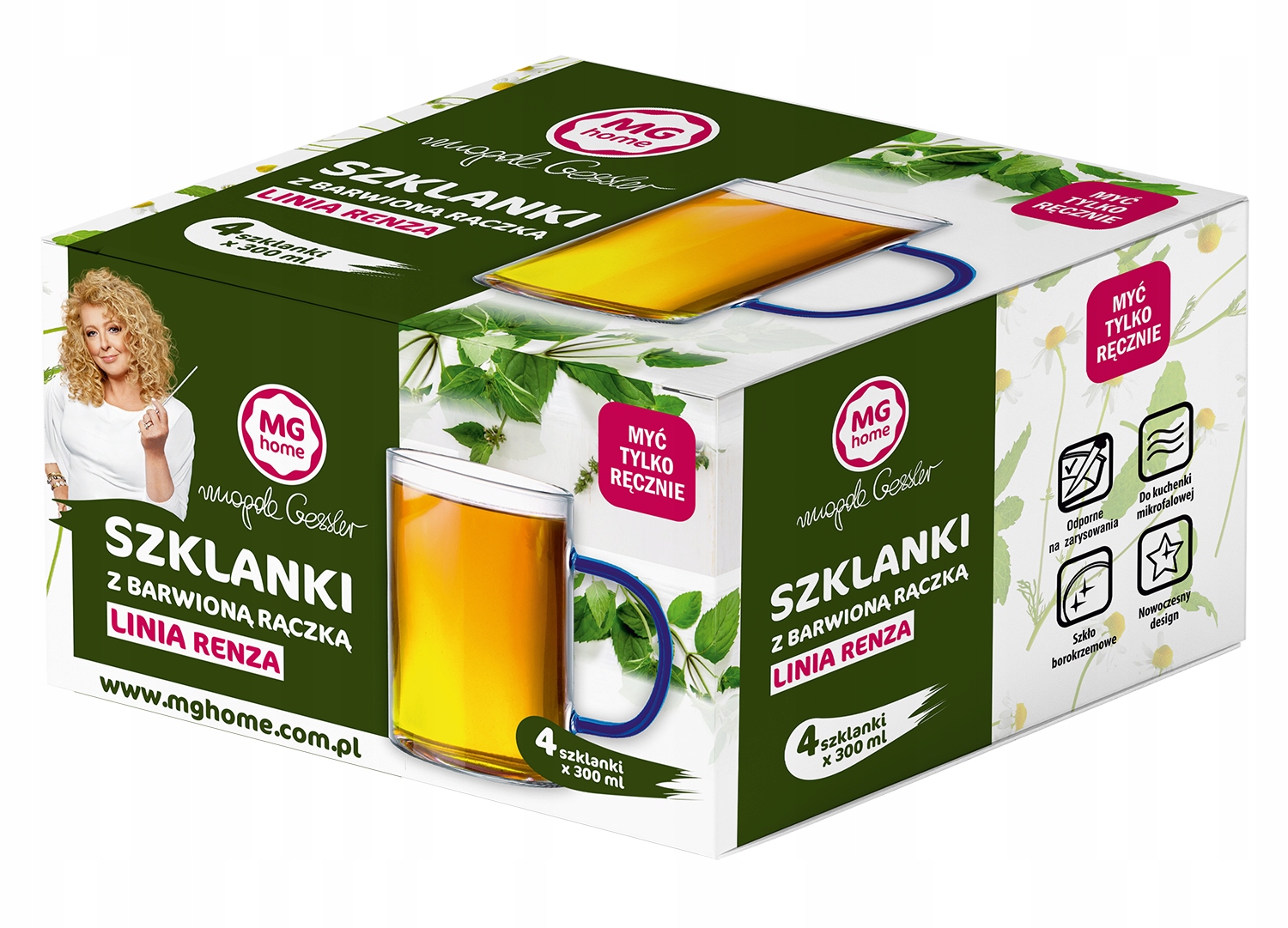 SZKLANKI Z GRANATOWĄ RĄCZKĄ ZESTAW MGHOME 4x 300ml Linia Renza
