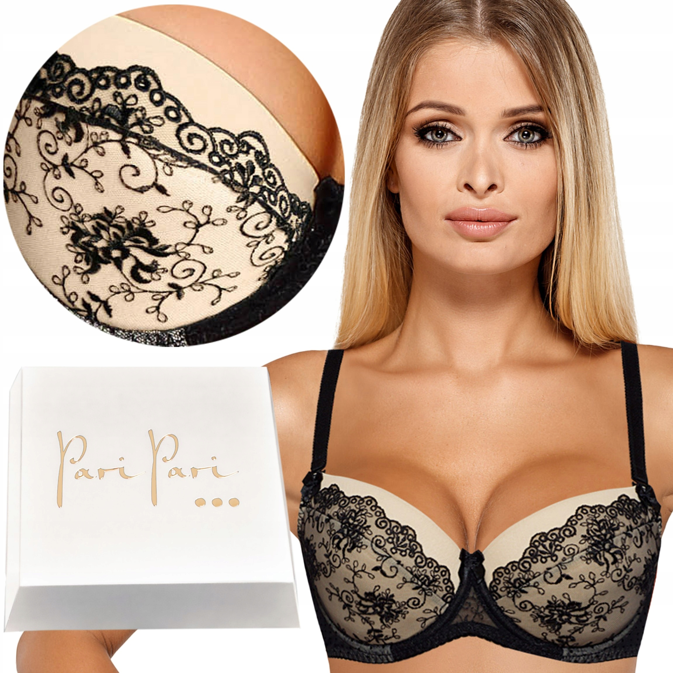 Podprsenka Push Up Elegantní podprsenka Vyjímatelné vložky s černou výšivkou 95B