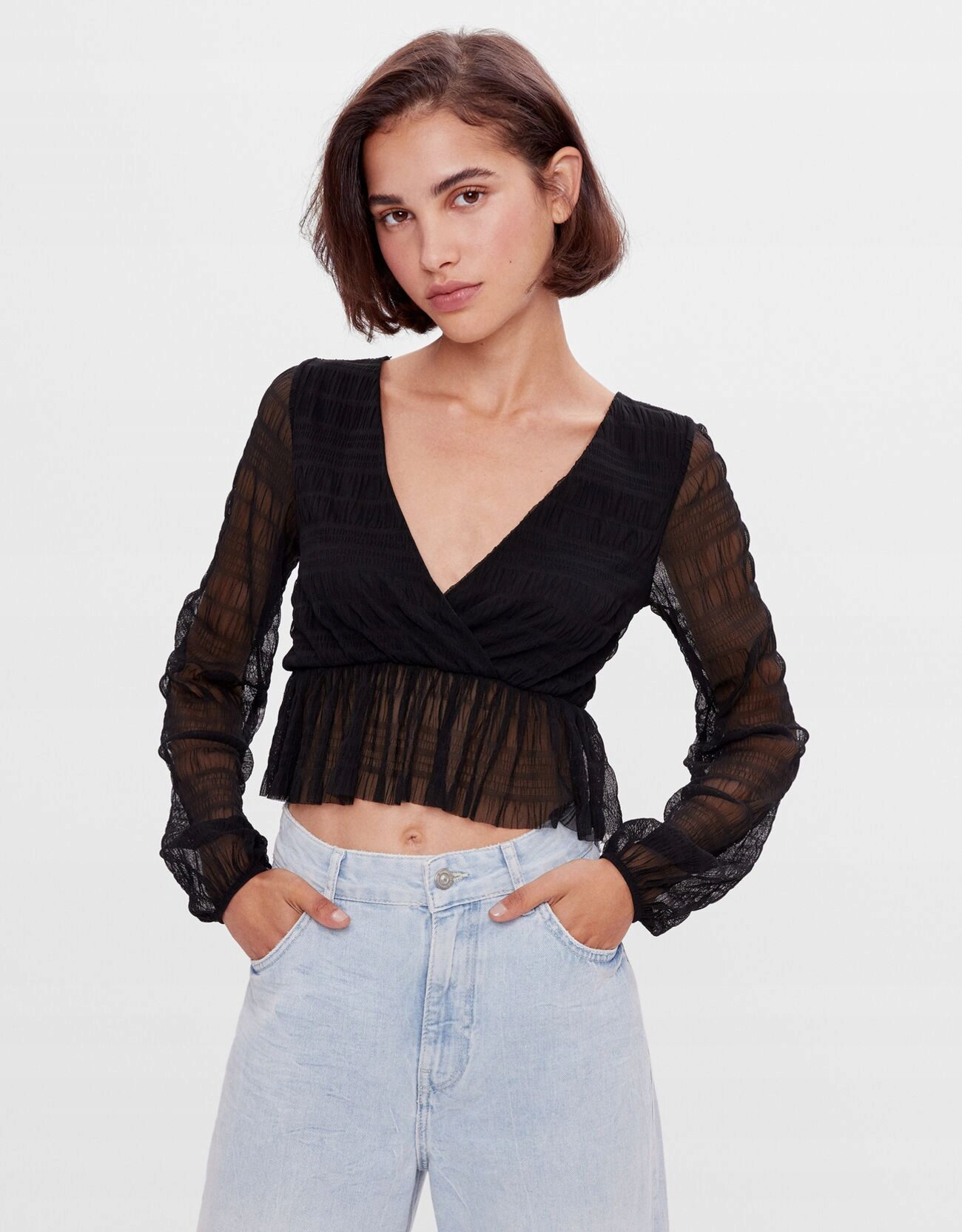 BERSHKA_TIULOWY TOP DEKOLT V 73661878RL