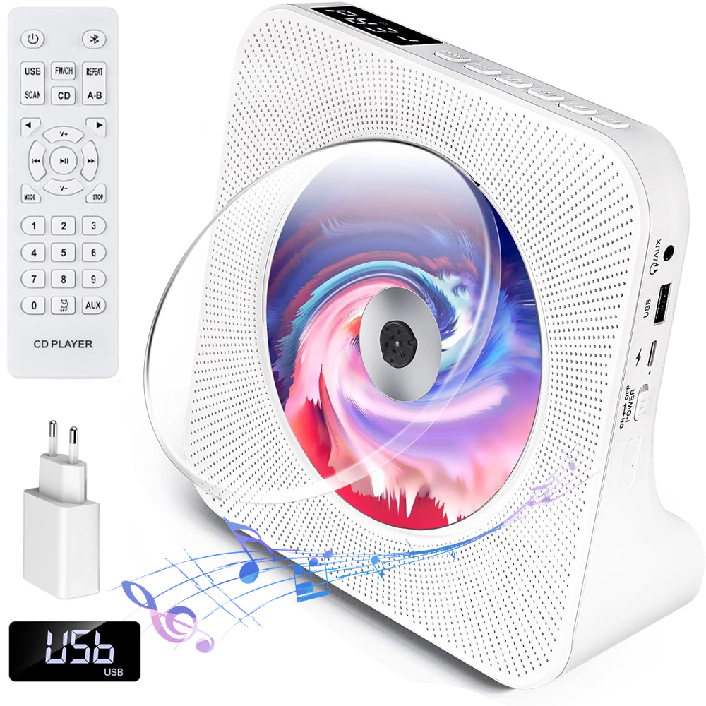 Prenosný CD Prehrávač Bluetooth Reproduktor Darček Rádio Aux Fm Hifi Biely