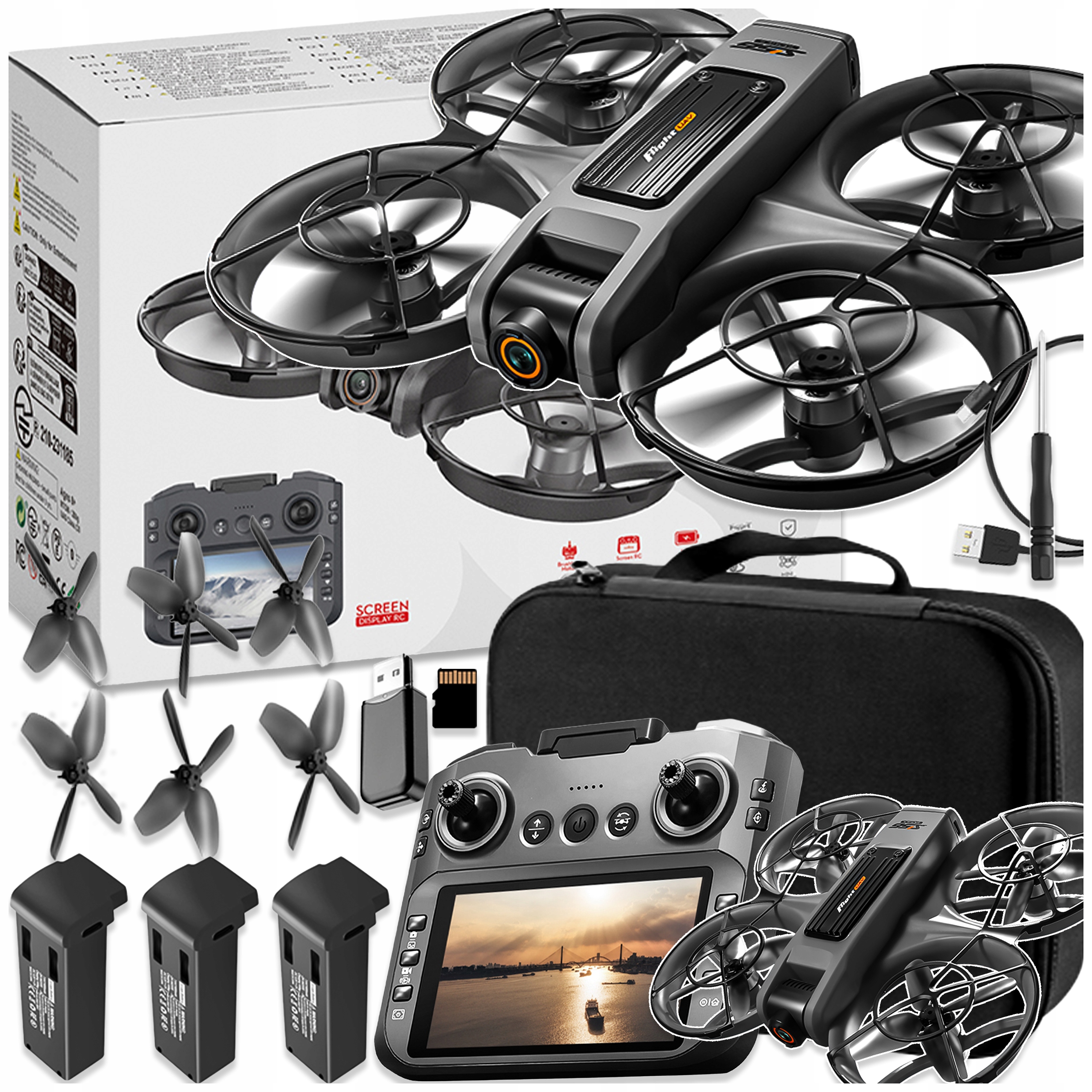 Dron s LCD ovladačem, 2 kamery, Bezkartáčový motor, Hračka, 135G, Wifi, 3x Baterie