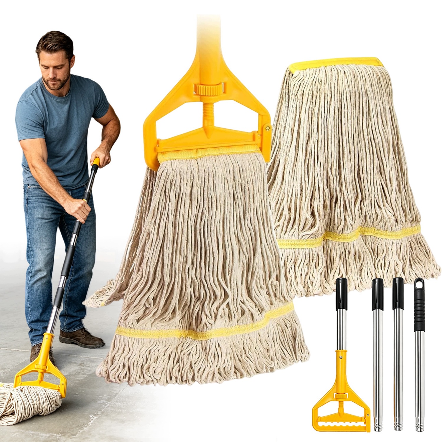 Průmyslový Mop S 2 Hlavami Mopu Bavlněný Provázkový, 1.5 M, Odolný, Silný