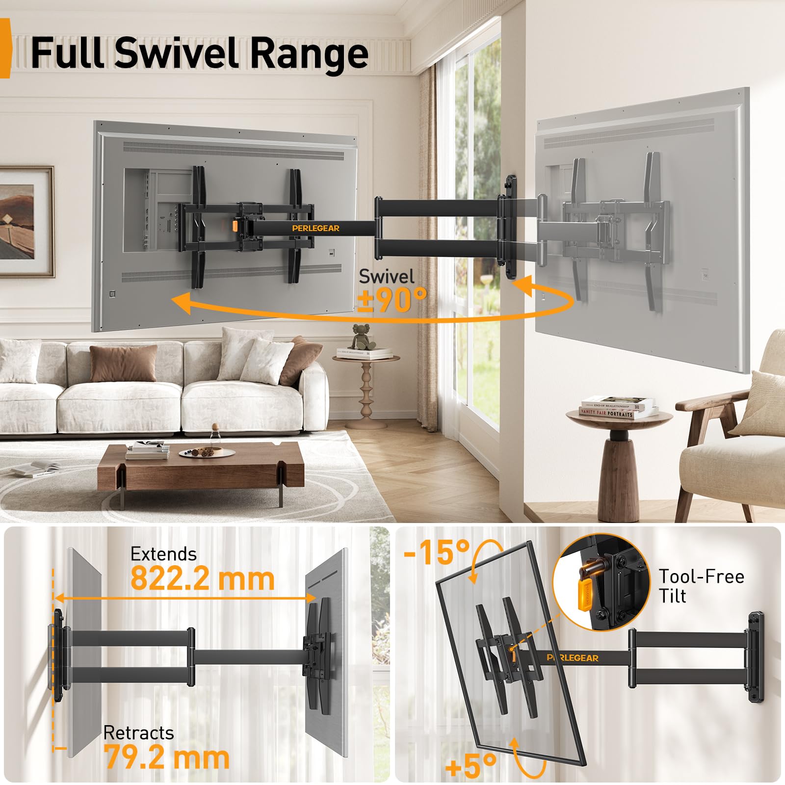 PERLEGEAR Uchwyt TV Ścienny 32-75 Cal LED LCD OLED 180° VESA 600x400 45KG — miniatura 3