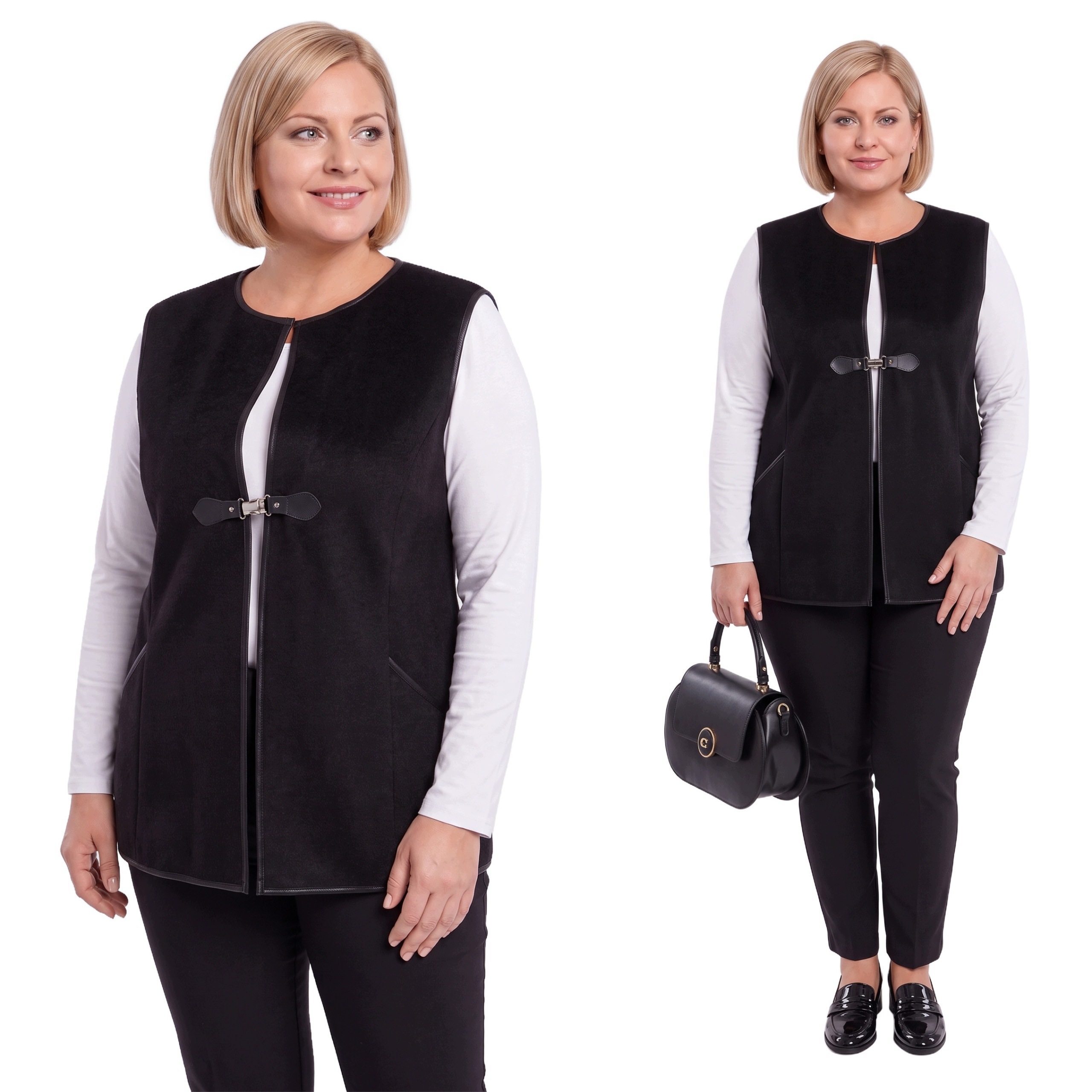 Krátká černá vesta s přezkou plus size velikost 56