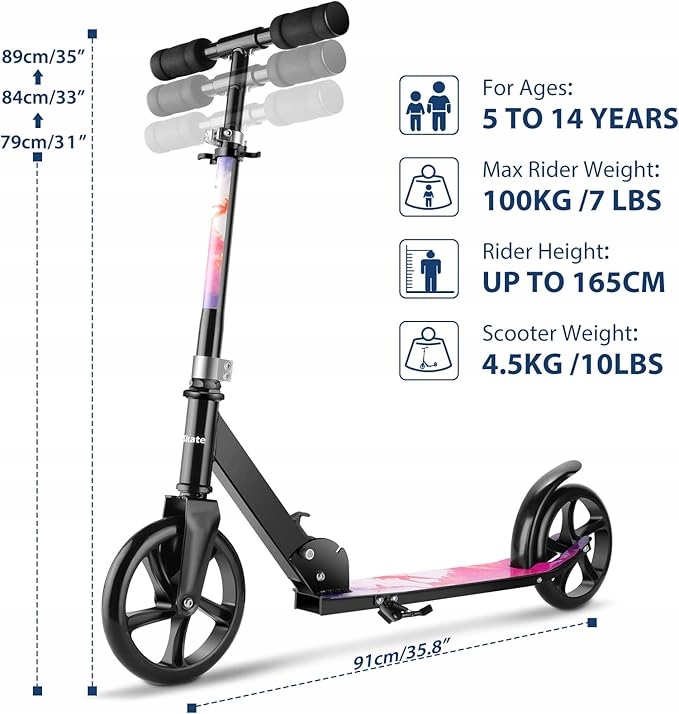 Koloběžka Weskate Pro Děti Ve Věku 7 Let Nastavitelná Kolečka 200 MM Až Do 100 Kg