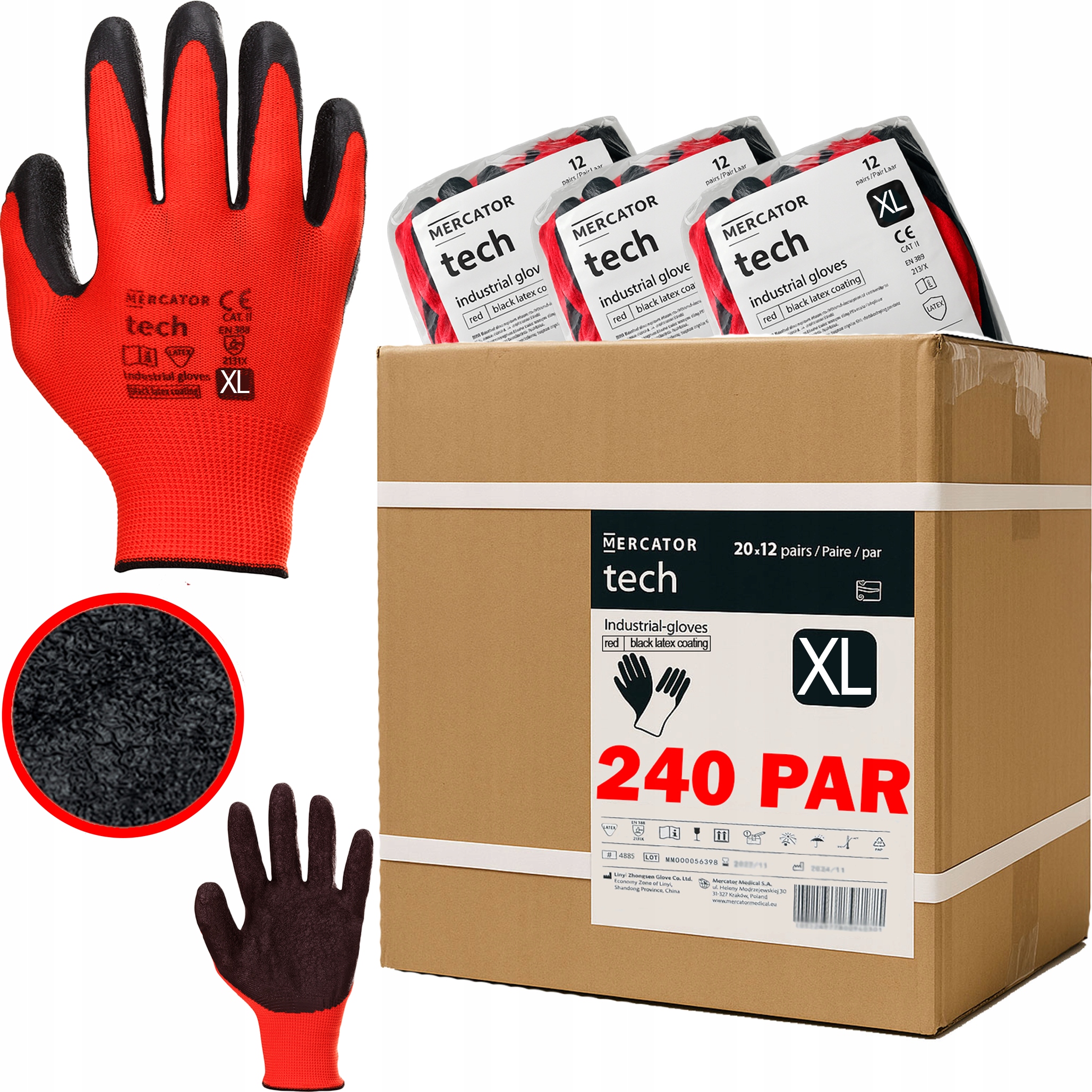 Levně Pracovní Rukavice Latex Red+black Tech Pohodlná Zahrada velikost XL 240 Párů