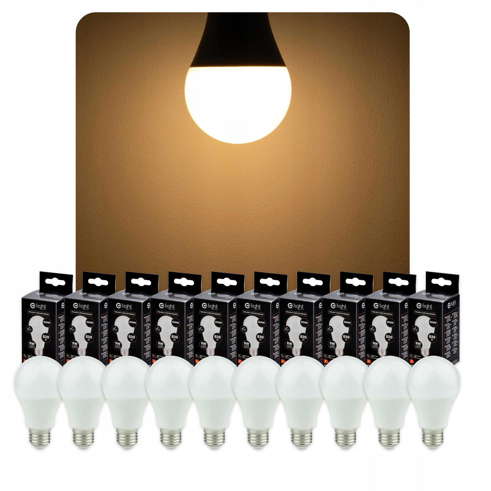Led žárovka E27 9W 820lm A60 3000K Snímač pohybu soumraku 10 kusů