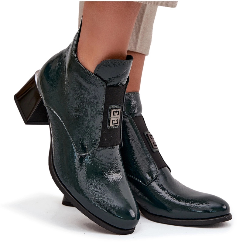 Dámské Kotníkové Boty Lakované Podpatek Klocek Kůže Zazoo 60560 Tmavě Zelené 39